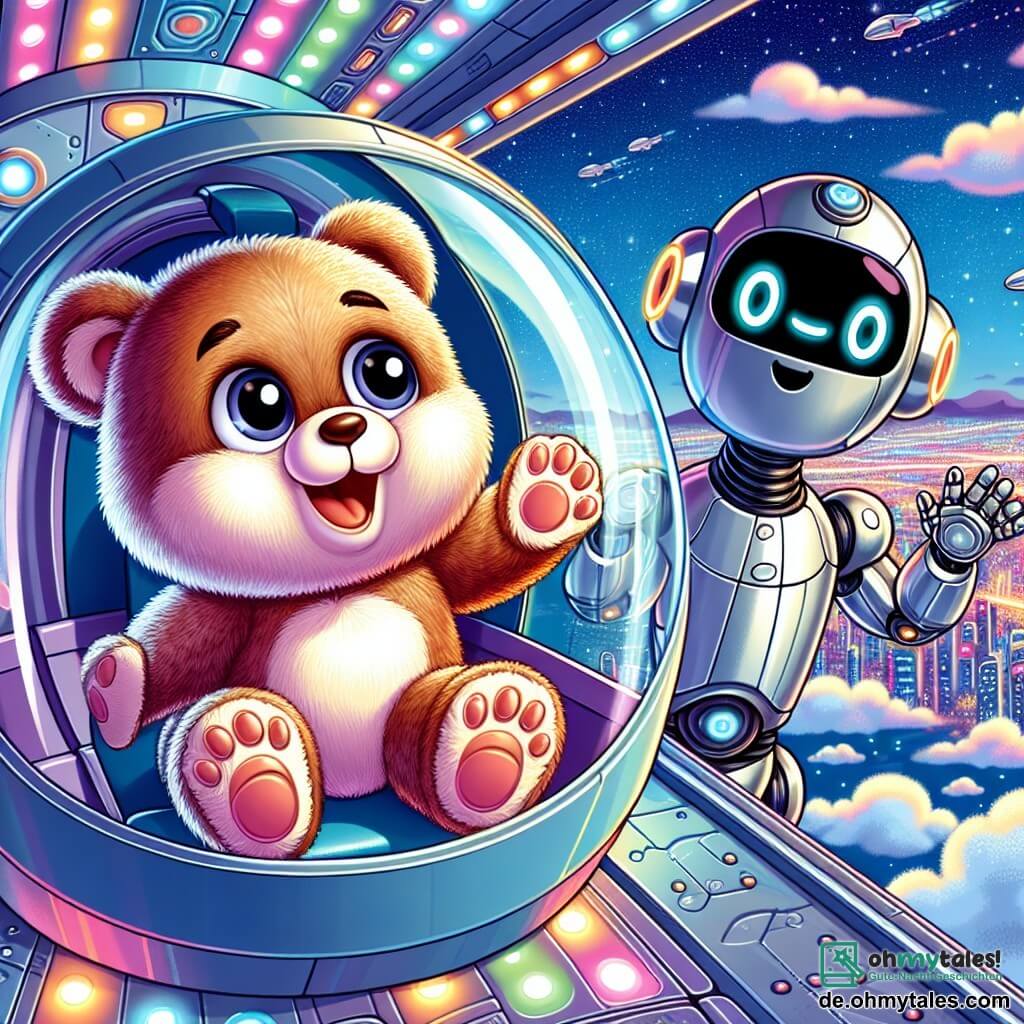 Ein junger, weicher und glänzender Teddybär mit großen, runden Augen und einem Ausdruck der Aufregung auf seinem Gesicht steht in einer futuristischen Kapsel, die Pfoten erhoben vor Freude. Draußen beobachtet ein humanoider Roboter mit freundlichem Gesicht und blinkenden Lichtern auf seinem silbernen Körper lächelnd und bereit zu helfen. Der Ort ist ein riesiges futuristisches Transportsystem, beleuchtet von bunten Neonlichtern, mit einer Kulisse aus fluffigen Wolken und glitzernden Gebäuden, die im blauen Himmel schweben. Die Hauptsituation zeigt den Teddybär, der ein aufregendes Abenteuer erlebt, während er einen Geschwindigkeitstest in der Kapsel macht und das Adrenalin und die Freude am schnellen Reisen durch die Stadt in der Höhe spürt.