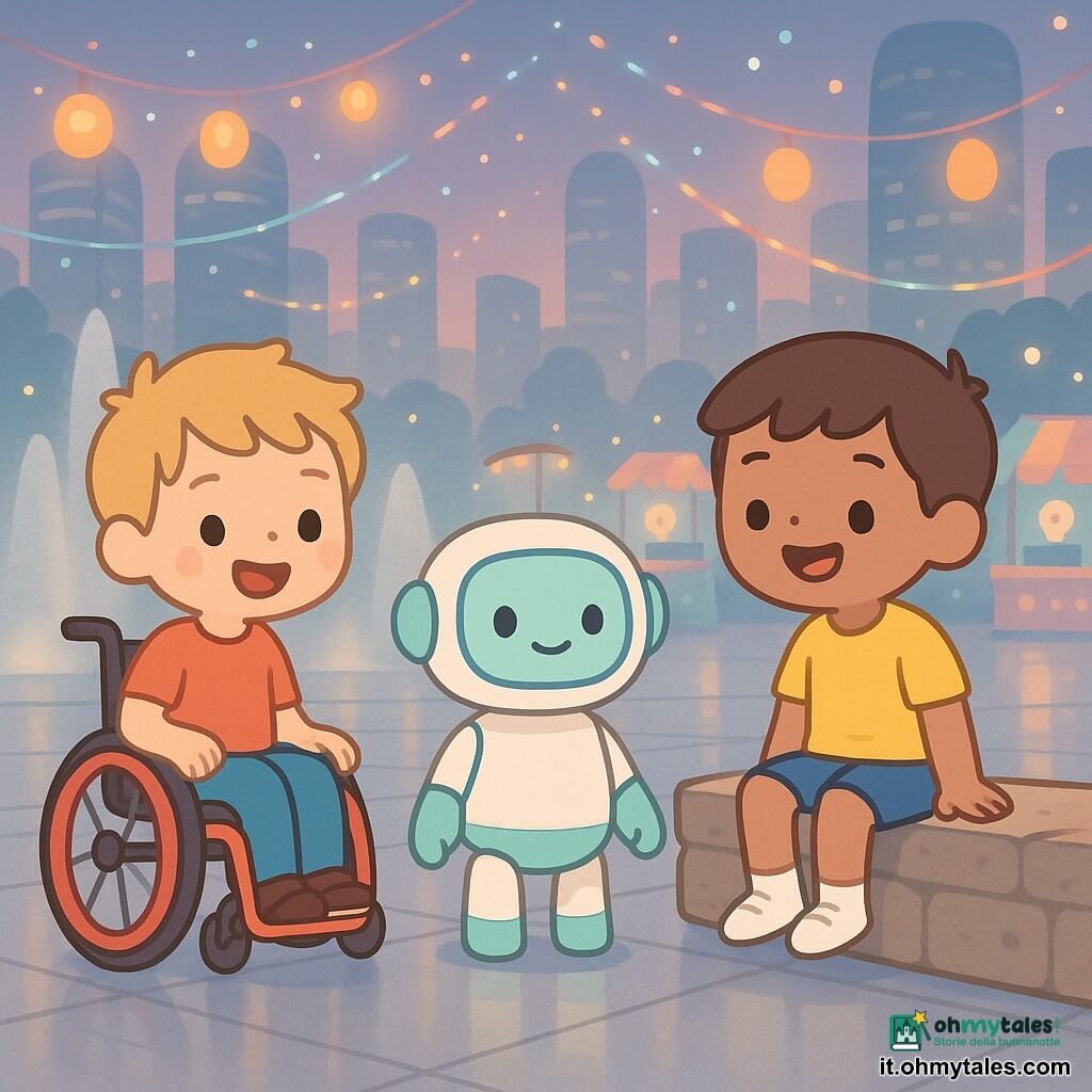 Ci sono tre personaggi: Leo, circa 7 anni, capelli castani corti, occhi vivaci, maglietta gialla e pantaloncini blu, seduto a destra su un basso muretto di pietra lucida e sorridente; Nico, circa 7 anni, capelli biondi, volto espressivo, su una carrozzina colorata rossa e turchese, a sinistra di Leo con le mani sulle ruote e sorridente; un piccolo robot educativo neutro alto ~60 cm, corpo bianco arrotondato con dettagli verde pastello e schermo‑volto sorridente, posato tra loro leggermente davanti come se parlasse. Luogo: ampia esplanade urbana al crepuscolo con pavimentazione liscia riflettente, fontane basse che spruzzano leggere nebbie, grattacieli arrotondati in vetro e metallo dalle facciate pastello, lanterne LED sospese che emettono luce arancione e bancarelle di invenzioni sullo sfondo. Situazione: i due amici ascoltano il robot al centro di una festa della tecnologia; atmosfera calda e gioiosa, luci colorate che disegnano motivi nell'aria, stile visivo semplice ed essenziale, espressioni amichevoli e complici.