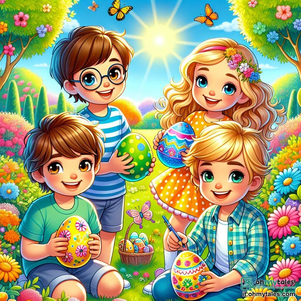 Quattro amici felici si trovano in un giardino soleggiato, circondati da fiori colorati e alberi in fiore. Leo, un ragazzo di 8 anni con capelli castani e occhiali rotondi, tiene un uovo di Pasqua blu brillante, sorridendo con entusiasmo. Marco, un ragazzo di 7 anni con capelli biondi e occhi scintillanti, mostra con orgoglio il suo uovo verde a pois, accanto a Leo. Giulia, una ragazza di 6 anni con lunghi capelli ricci e un vestito giallo, ammira il suo uovo giallo decorato con fiori, stando leggermente indietro. Samuele, un ragazzo di 8 anni con capelli castani e un sorriso dolce, è seduto sull'erba, disegnando motivi su un uovo con pastelli colorati. Il giardino è pieno di colori vivaci, con farfalle che volano intorno e un cielo blu chiaro. Al centro, gli amici si preparano a iniziare la loro grande sfilata di Pasqua, mostrando i loro uova magnificamente decorati, pieni di gioia ed eccitazione.