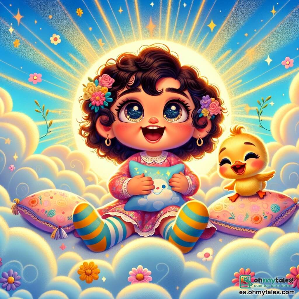 Una niña de 3 años, Lucía, con grandes ojos brillantes y cabello rizado, está sentada en una nube esponjosa, sonriendo mientras sostiene su suave y colorida almohada mágica. Lleva un vestido rosa con estampados de flores y calcetines a rayas, y parece maravillada por su entorno. A su lado, un pequeño pato amarillo, Gato Risa, flota alegremente en una nube, mirándola con ojos traviesos, listo para acompañarla en sus aventuras. El lugar es un cielo azul brillante, salpicado de nubes esponjosas y rayos de sol dorados que iluminan la escena, creando una atmósfera mágica. Lucía y Gato Risa se divierten juntos, rodeados de nubes danzantes y flores coloridas, mientras celebran una alegre fiesta de siestas, llena de risas y estrellas brillantes.