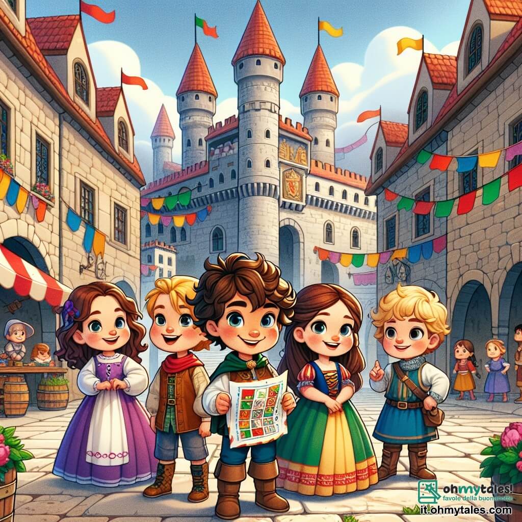 In una grande piazza medievale, quattro bambini si tengono insieme, pronti per un'avventura incredibile. Leo, un ragazzo di sei anni con capelli ricci e un grande sorriso, è al centro, tenendo una lettera colorata. Alla sua destra, Sofia, una ragazza piena di energia con capelli lunghi e castani, indossa un vestito colorato e guarda con meraviglia. A sinistra, Marco, un ragazzo curioso con capelli biondi e occhiali, indica il castello maestoso sullo sfondo. Infine, Giulia, una ragazza timida con capelli castani e una piccola treccia, si tiene leggermente in disparte, ma il suo sguardo determinato mostra che è pronta ad agire. La piazza è animata, circondata da edifici in pietra con tetti di tegole rosse e bandiere che sventolano. Sullo sfondo, un grande castello con torri slanciate e banner colorati si erge maestosamente, mentre i villaggi in abiti medievali si affaccendano intorno a loro. I bambini stanno preparando il loro piano per salvare il regno da un drago minaccioso, con espressioni di eccitazione e determinazione sui loro volti, mentre una luce magica brilla intorno a loro, simboleggiando il loro viaggio nel tempo.