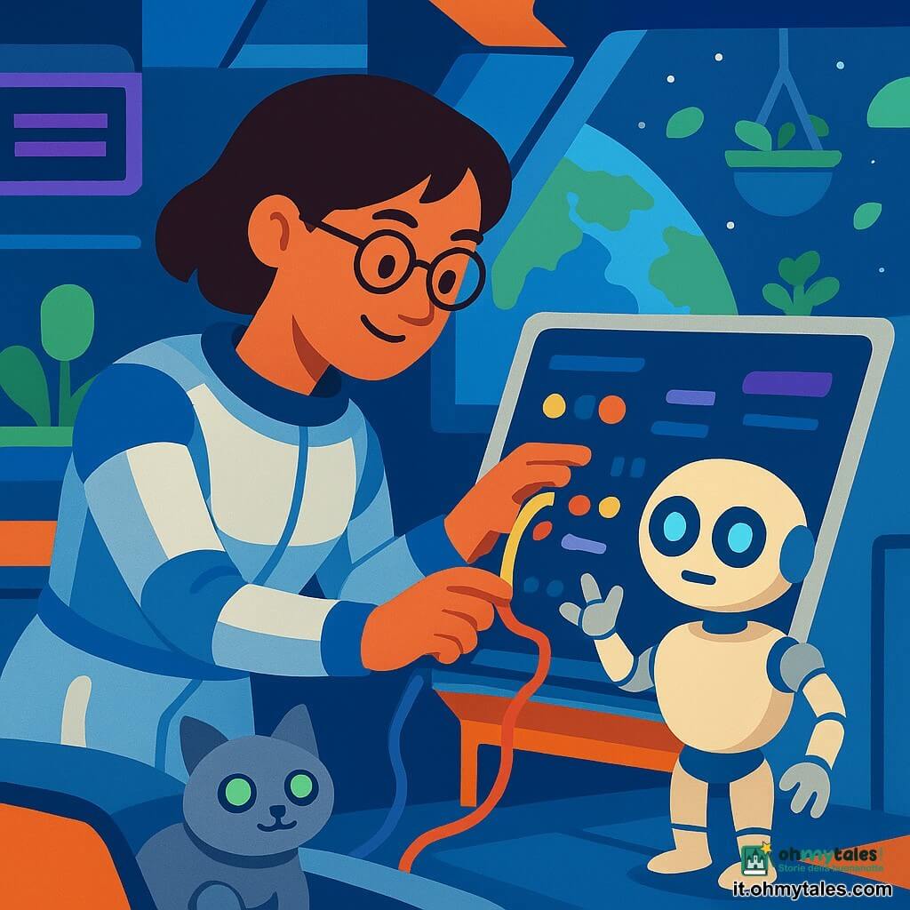 Giovane pilota donna sorridente ma concentrata, inclinata su un grande pannello luminoso mentre ripara fili e preme pulsanti; indossa una tuta spaziale argentata con riflessi blu, capelli corti castani, occhiali sottili, postura decisa. Piccolo robot rotondo chiamato Bop, amichevole, corpo metallico crema opaco con occhi LED blu, al suo fianco con braccia articolate alzate per aiutare. Piccolo gatto robot sul bordo di una navetta in primo piano, silhouette rotonda grigia con occhi verdi lampeggianti che osserva la scena. Interno di uno skydock con grandi pareti vetrate sulla Terra, giardini sospesi verdi con piante fluttuanti, pavimenti metallici e passerelle arancioni, schermi e neon viola attorno al pannello. Situazione: riparazione di un modulo di controllo difettoso, luci sui pulsanti, cavi colorati visibili, atmosfera calma e eroica, composizione centrata sulla donna e sul robot osservatore. Tavolozza di colori vivaci e contrastati (blu notte, argento, verde tenue, arancio caldo), texture piatte, sagome nette, stile infantile con contorni spessi, orientamento orizzontale ad alta risoluzione per stampa poster.