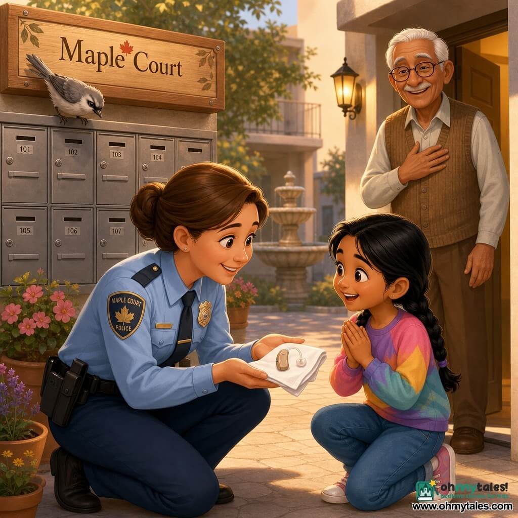 Smiling, kind female police officer in her thirties with round face and brown hair in a bun, crouched and holding a small hearing aid on a white tissue; a radiant ten‑year‑old girl with braided black hair, jeans and a colorful sweatshirt stands beside her, hands clenched and hopeful; a relieved elderly man of about seventy‑five, white hair and glasses, stands slightly back in his apartment doorway with a hand on his chest; a small gray‑and‑white bird perches on the wooden notice board above the metal mailboxes, head tilted toward the object; the scene is the courtyard of Maple Court with light paving, potted flowers, a dry round fountain in the background and a warm night light by the entrance — a calm, joyful reunion as the officer has just retrieved the hearing aid from beneath a leaf near the mailboxes, in soft late‑afternoon light and warm colors.