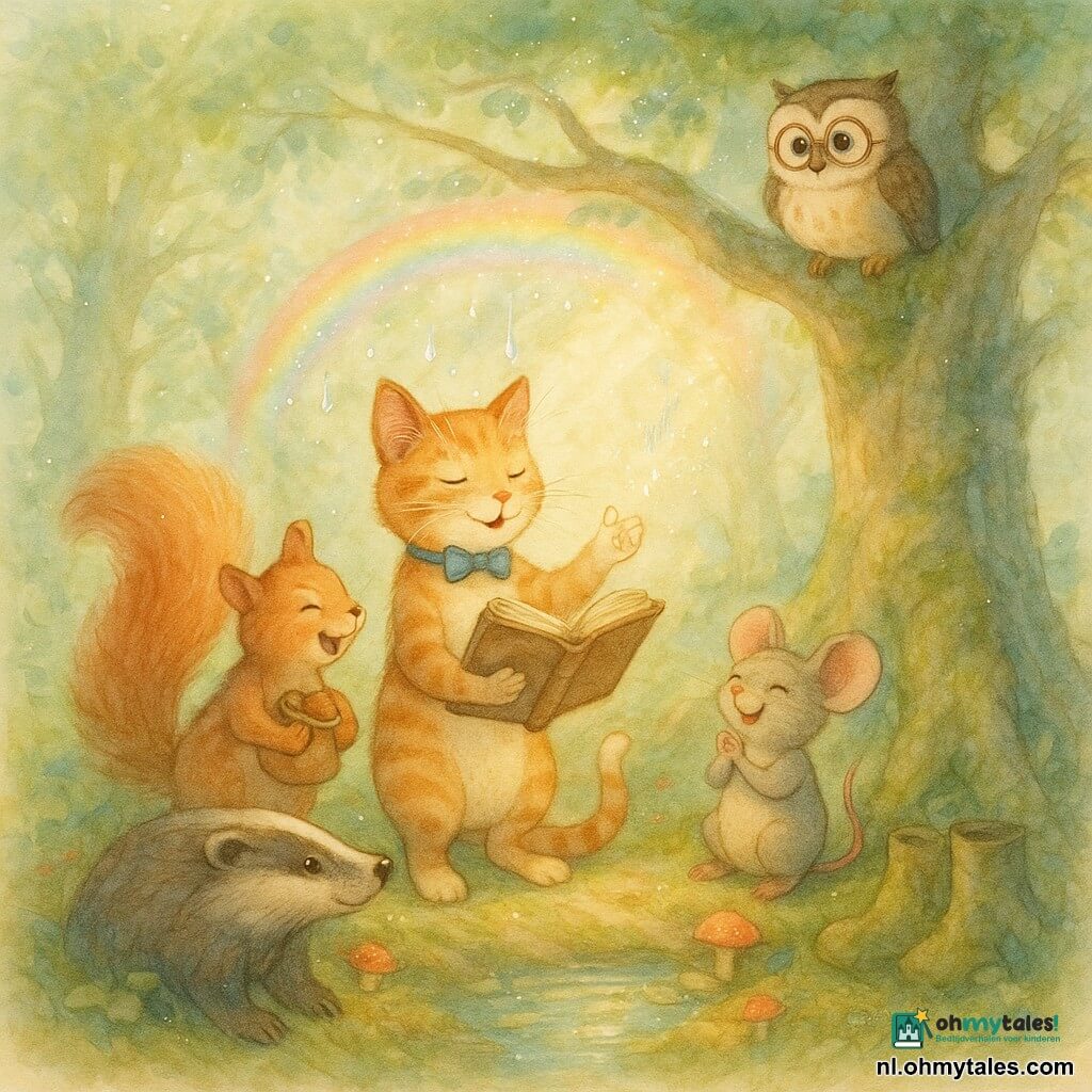 Een gestreepte oranje kater genaamd Pim Poes met een kromme staart en een blauw strikje kijkt ondeugend en trots terwijl hij een oud theevlekkenboek vasthoudt en een spreuk mompelt met een beleefde pootbeweging; rechts zit het grijze muisje Lotte met grote oren en een stukje kaas, glimlachend en klappend op moslaarzen, links staat de mollige rode eekhoorn Boefje op een wortel, lachend en met een zak hazelnoten, en dichtbij een glanzende bruine das Dora Das hurkt nadenkend bij een met korstmos bedekt stronk; op een lage tak zit een oude uil met ronde bril, geamuseerd toeziend. Het decor is een open plek in het Pluizenbos met groen mos, kleurrijke paddenstoelen, een glinsterende vijver, een grote eik met knoestige wortels en zonnestralen tussen de bladeren; pastel aquarelkleuren, vriendelijke magische regendruppels dansen en vormen een kleine regenboog boven de groep, met fijne witte gelpencontouren en glansreflecties.