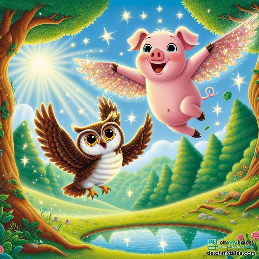 Ein kleines Schwein namens Pippin, mit leuchtend rosa Haut und großen neugierigen Augen, fliegt fröhlich in der Luft mit schimmernden Flügeln und einem breiten Lächeln im Gesicht. Neben ihm schwebt eine weise Eule namens Lila, mit braunen Federn und runden Augen, die bewundernd Pippin ansieht. Unter ihnen ist eine sonnige Lichtung, umgeben von majestätischen Bäumen mit lebhaft grünen Blättern, und ein glitzernder Teich spiegelt den blauen Himmel wider. Die Szene fängt den magischen Moment ein, in dem Pippin und Lila die Schönheit der Freundschaft entdecken, während sie gemeinsam zu neuen Abenteuern aufbrechen.