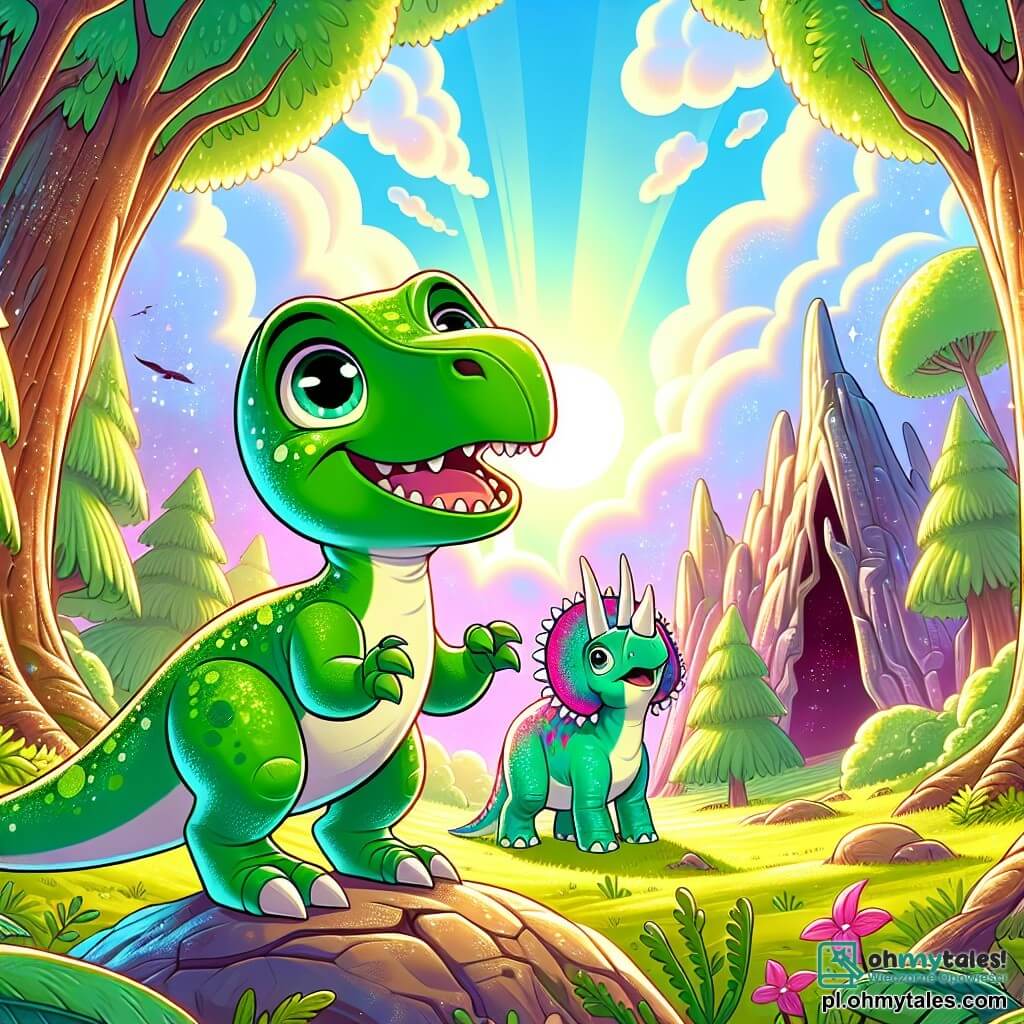 Wielki velociraptor imieniem Riko, z jaskrawozielonym upierzeniem i błyszczącymi oczami pełnymi ciekawości, stoi na dużym kamieniu w środku słonecznej polany, z szerokim uśmiechem na twarzy. Obok niego jego najlepsza przyjaciółka Dita, triceratops o różowych łuskach i białych rogach, z zachwytem patrzy na niebo wypełnione puszystymi chmurami. W tle tajemnicza jaskinia z błyszczącymi ścianami, otoczona olbrzymimi drzewami o kolorowych liściach, tworzy magiczną atmosferę. Riko i Dita wspólnie odkrywają ten czarujący świat, gotowi na odkrycie ukrytych cudów swojej nowej przygody.
