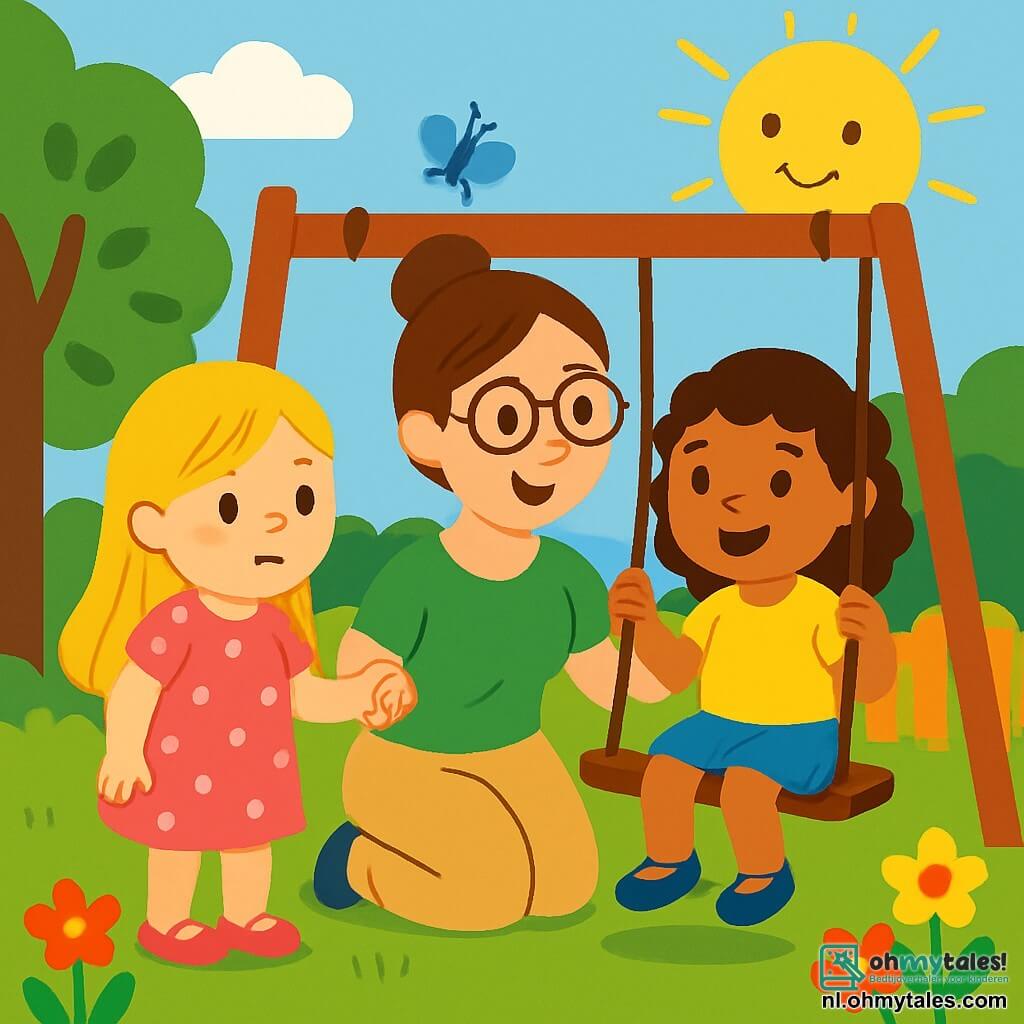 Er zijn 3 personages: - Lotte: een 5-jarig meisje met lang blond haar en sprankelende ogen. Ze draagt een roze jurk met witte stippen en staat links, een beetje aarzelend, met een hand op de schommel. - Noor: een 5-jarig meisje met krullend bruin haar en bruine ogen. Ze draagt een gele t-shirt en een blauwe rok. Ze staat rechts van Lotte, glimlachend en klaar om te schommelen. - Mama: een vrouw van rond de dertig met kastanjebruin haar in een knot en een bril. Ze draagt een groene t-shirt en beige broek. Ze knielt tussen Lotte en Noor, houdt hun handen vast met een geruststellende blik. De locatie is een zonnige tuin, vol kleurrijke bloemen en groene bomen. In het midden staat een houten schommel, omringd door groen gras en flonkerende vlinders. De belangrijkste situatie toont Lotte en Noor op de schommel, een beetje nerveus maar glimlachend, terwijl Mama hen liefdevol aanmoedigt. De zonnestralen verlichten de scène en creëren een vrolijke en warme sfeer.