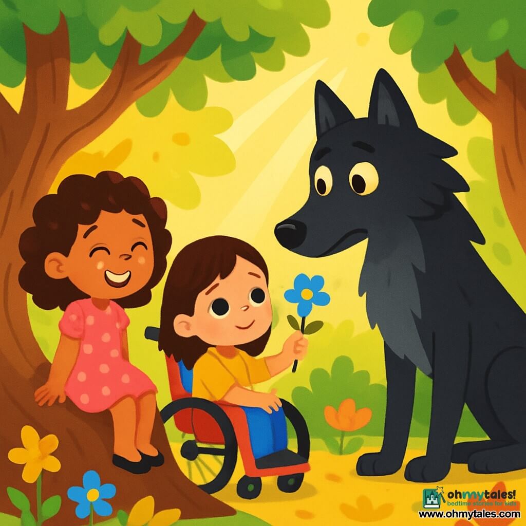 There are 3 characters: Rosie, a 7-year-old girl with curly, shiny hair wearing a pink dress with white polka dots, sitting on a large tree root with a bright smile; Lila, a 6-year-old girl with sparkling eyes and straight hair, dressed in a yellow blouse, in her red wheelchair next to Rosie, offering a blue flower to the wolf; and the Big Bad Wolf, a large black wolf with cold, shiny eyes, standing near a twisted tree, looking at the girls with a mix of surprise and hesitation. The scene takes place in an enchanted forest with tall, gnarled trees and vibrant green leaves, colorful flowers surrounding them, and a floor covered in golden leaves, creating a magical atmosphere. The main situation shows Rosie and Lila, hand in hand, offering a flower to the Big Bad Wolf, who appears hesitant but intrigued, with sunlight filtering through the branches, illuminating the scene with a soft, warm light.