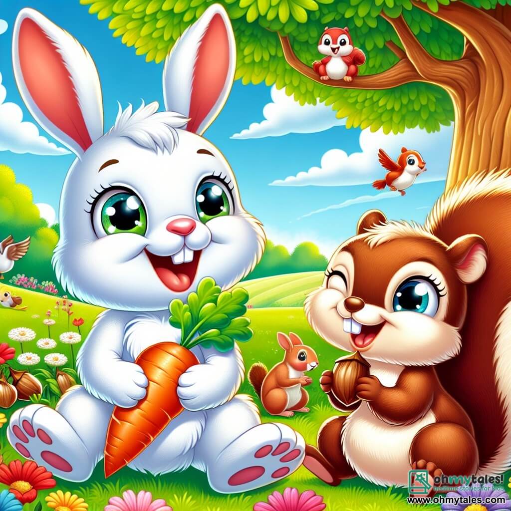 A small white rabbit with large ears and sparkling eyes sits under a big green tree in a sunny meadow. He is smiling widely, holding a crunchy carrot in his little paws. Next to him, a brown squirrel with silky fur and a bushy tail, looking friendly and curious, is nibbling on a bright red hazelnut. She is perched on a branch just above the rabbit, laughing joyfully. The setting is a lush meadow dotted with colorful flowers, under a clear blue sky with fluffy white clouds. In the distance, other animals like birds and hedgehogs gather for a picnic, creating a festive and friendly atmosphere. The main scene shows the rabbit and the squirrel sharing their food, illustrating the joy of friendship and the beauty of diversity.