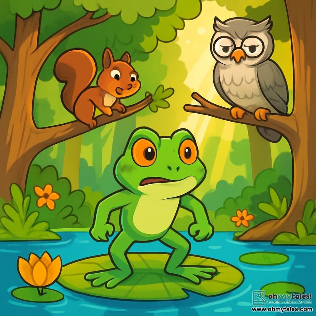 A bright green frog with sparkling orange eyes and a determined smile stands on a large lilypad in the center of a shimmering pond. It looks around with an expression of worry mixed with courage, ready for adventure. Nearby, a small brown squirrel with bright eyes and a bushy tail climbs a tree branch, observing with curiosity and excitement. A wise old owl with gray feathers and round glasses perches on a branch, eyes half-closed, listening intently to the conversation. The setting is a lush forest with majestic trees, colorful flowers, and sunlight filtering through the leaves, illuminating the gentle reflection of the water. The frog and its friends are preparing to search for a lost precious jewel, surrounded by an atmosphere of adventure and camaraderie.