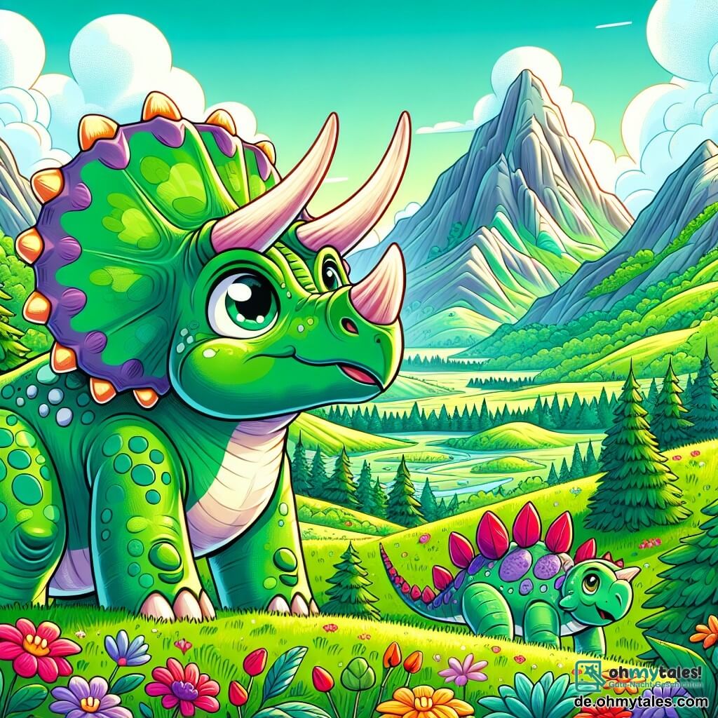 Ein leuchtend grüner Triceratops mit drei majestätischen Hörnern und einem neugierigen Blick steht am Rand eines wunderschönen, grünen Tals. Seine großen Augen leuchten vor Aufregung und Entschlossenheit, während er die Landschaft vor sich betrachtet. Neben ihm schaut ein junger Stegosaurus mit bunten Rückenplatten und einem freundlichen Lächeln ebenfalls in die Ferne, bereit zu erkunden. Im Hintergrund erheben sich majestätische Berge mit rauchenden Gipfeln, umgeben von leuchtenden Blumen und üppigen Bäumen. Die Szene strahlt eine Atmosphäre von Abenteuer und Entdeckung aus, während der Triceratops und sein Freund sich darauf vorbereiten, in eine neue Welt voller Wunder einzutreten.