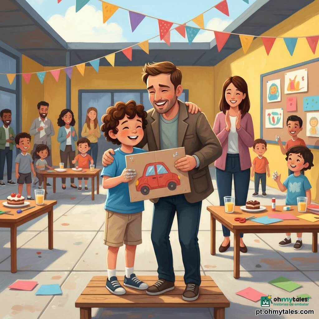 Um menino de 4 anos, alegre e orgulhoso, cabelo castanho encaracolado e dedos com cola, veste camiseta azul e short bege e entrega um cartão com um desenho de carro vermelho; um homem adulto (pai, ~35 anos), emocionado e sorridente, barba rala e jaqueta casual, recebe o cartão e abraça o menino; atrás, uma professora de cerca de 30 anos, cabelos presos, sorri e aplaude junto a uma mesa com papéis coloridos e tesouras sem ponta; cena num pátio de escola primária ensolarado com bandeirolas, mesas com bolos e sucos e desenhos numa parede amarela; momento terno numa pequena plataforma improvisada com pais desfocados ao fundo e atmosfera festiva.