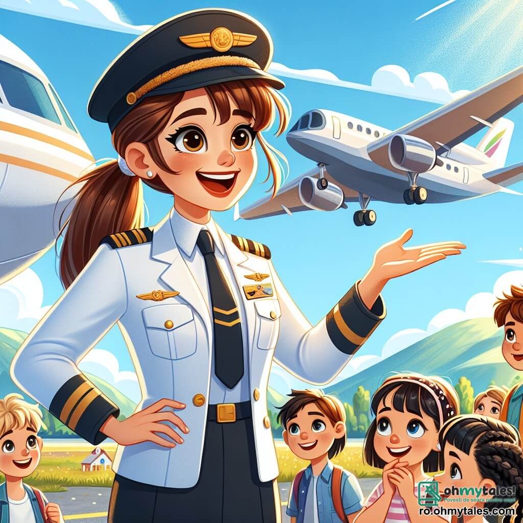 În prim-plan, Ana, o femeie pilot de avion, stă lângă avionul ei, zâmbind și plină de entuziasm. Poartă un uniform alb de pilot cu un insignă aurie, iar părul ei brun este prins într-o coadă de cal. Ochii ei strălucesc de bucurie în timp ce le explică copiilor cum să devină piloți, gesticulând cu pasiune. În jurul ei, mai mulți copii o ascultă cu atenție. Andrei, un băiat de 8 ani cu părul castaniu deschis și ochelari rotunzi, ridică mâna cu curiozitate, în timp ce o fetiță de 7 ani, Maria, cu împletituri negre și un zâmbet strălucitor, o privește pe Ana cu admirație. Decorul se află pe un aeroport însorit, cu un cer albastru presărat cu câteva nori albi. În fundal, se pot vedea alte avioane parcate și munți verzi care se ridică la orizont, creând o atmosferă de aventură. Situația principală o arată pe Ana împărtășind pasiunea ei pentru pilotaj cu copiii, explicându-le minunile zborului și încurajându-i să își urmeze visurile, fiind înconjurată de râsete și excitație.