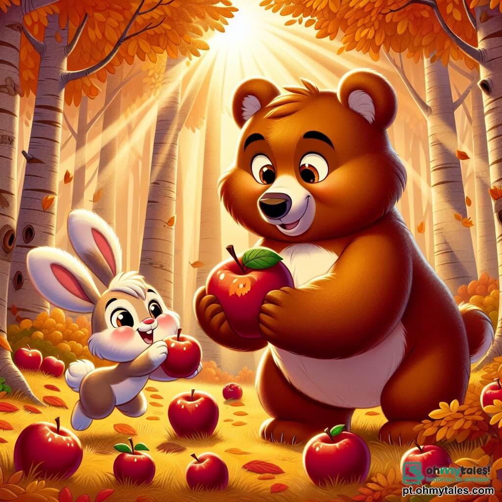 Um grande urso pardo chamado Bento, com pelagem macia e olhos brilhantes de alegria, está no centro de uma floresta colorida pelas folhas de outono, sorrindo enquanto colhe maçãs vermelhas brilhantes de uma macieira. Ao seu lado, uma pequena coelhinha chamada Lila, adorável com suas grandes orelhas e pelagem branca, salta de alegria, segurando uma pequena maçã com as patas da frente, seu rosto radiante de excitação. Ao fundo, árvores majestosas com folhas douradas e alaranjadas criam um cenário acolhedor, enquanto raios de sol filtram-se pelas ramas, iluminando o chão coberto de folhas. A cena irradia uma atmosfera de camaradagem e felicidade, enquanto Bento e Lila se preparam para preparar um banquete de outono juntos.