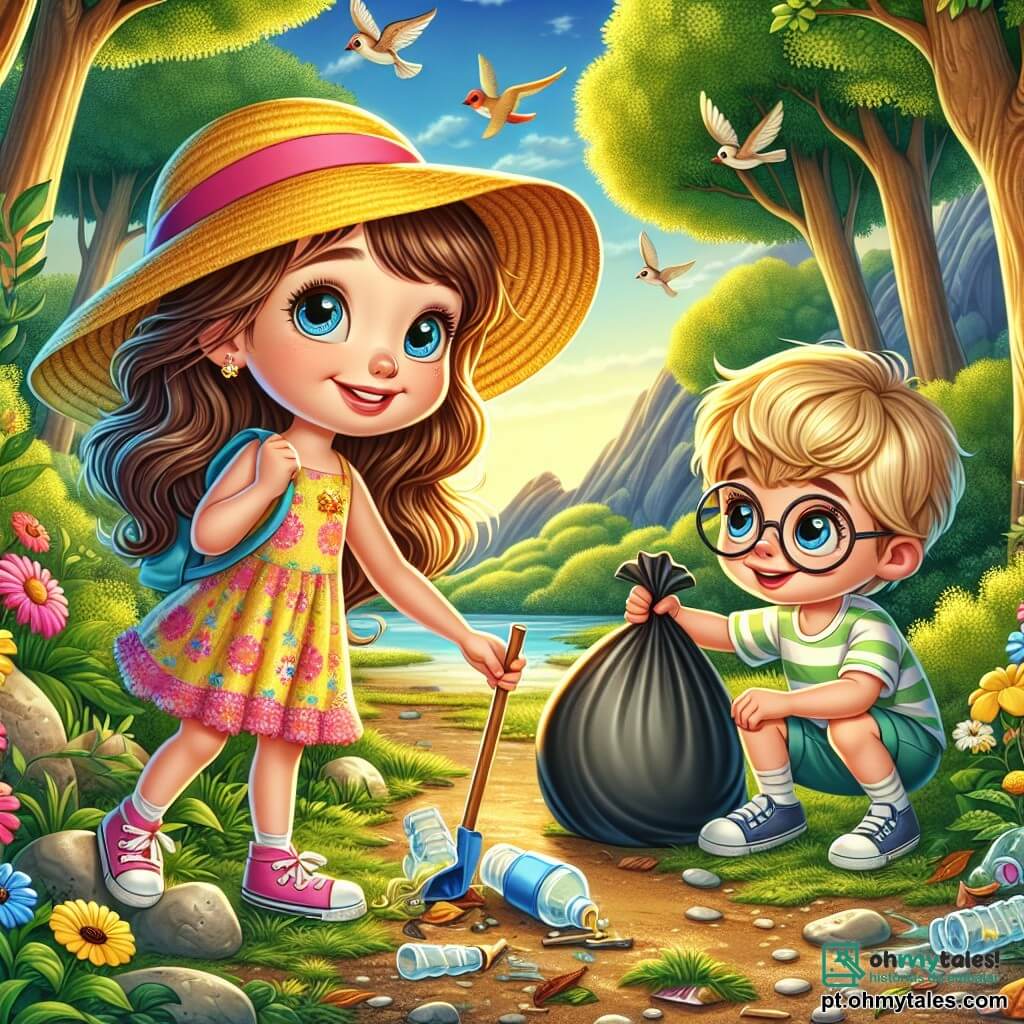 Uma menina de 6 anos, Ana, com longos cabelos castanhos e olhos curiosos, está recolhendo lixo em uma reserva natural. Ela usa um bonito chapéu amarelo e um vestido colorido, com um rosto que expressa determinação e alegria. Ao seu lado, seu amigo Pedro, um menino de 7 anos com cabelos loiros e óculos redondos, segura um saco de lixo e sorri ao mostrar uma garrafa plástica que encontrou. Luísa, outra amiga de 6 anos com cabelos cacheados e um vestido rosa, está agachada perto de uma flor, segurando um copo plástico e olhando para Ana com admiração. O cenário é uma linda reserva natural, cheia de árvores verdes, flores coloridas e pássaros cantando no céu azul. O chão está coberto de folhas e pedrinhas, e há um caminho sinuoso que atravessa a floresta. A cena principal mostra Ana e seus amigos limpando a reserva, cercados por lixo espalhado, mas com sorrisos no rosto, ilustrando seu compromisso em proteger a natureza enquanto se divertem.