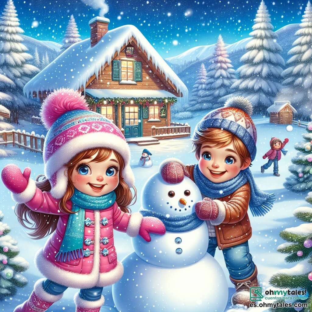 Una niña de 11 años, Valeria, está en el centro de la escena, sonriendo ampliamente. Tiene el cabello largo y castaño, un abrigo rosa brillante, un gorro colorido y guantes de nieve, y está construyendo un muñeco de nieve, con los brazos levantados en señal de alegría. A su derecha, su hermano Lucas, de 14 años, con cabello castaño y un abrigo azul, lanza una bola de nieve riendo, con las mejillas sonrojadas por el frío. Al fondo, la cabaña de madera está rodeada de altos abetos cubiertos de nieve brillante, y el cielo es de un azul intenso, salpicado de copos de nieve que caen suavemente. La escena representa un momento de felicidad y diversión, donde Valeria y Lucas disfrutan juntos en un paisaje invernal encantador, creando recuerdos inolvidables.