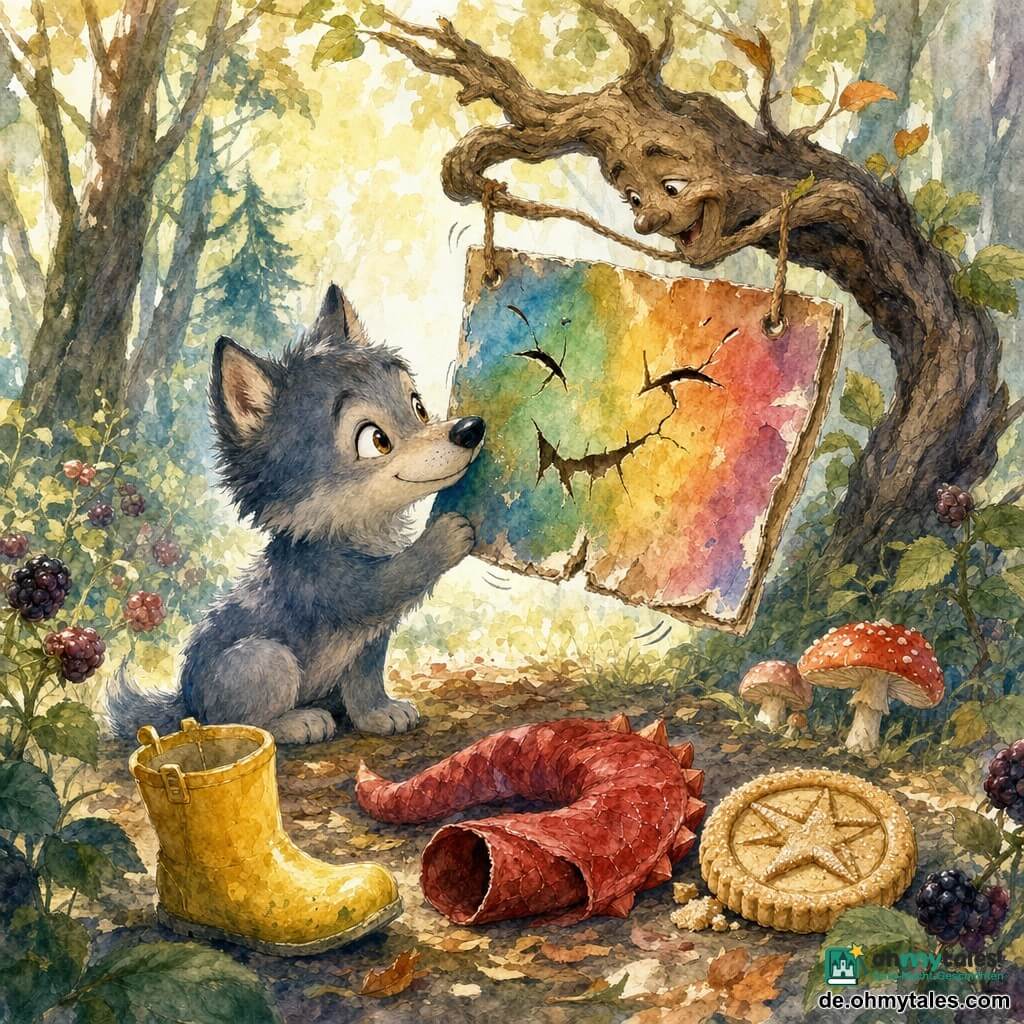 Die Hauptfigur ist der kleine Wolf Wilo mit weichem grau-blauem Fell, runden glänzenden Augen und neugierigem Lächeln; er schnuppert und berührt mit der Nase ein buntes, fast lebendiges Kartonschild mit rissigen Buchstaben, das wie lachend an einer knorrigen Baumzweig hängt, dessen braune Rinde geschnitzte Augen und ein schelmisches Lächeln hat; vor Wilo liegen drei wegweisende Gegenstände: ein quietschender gelber Gummistiefel, eine zusammengerollte rote Drachenschwanz-Stoffbahn und ein kompassförmiger Keks mit Zuckerstücken, die in drei Richtungen zeigen; Ort: eine Waldlichtung hinter einer Brombeerhecke mit Laubboden, bunten Pilzen und goldenen Lichtflecken; Szene: Wilo zögernd lächelnd, das lachende Schild berührend, spielerische Stimmung, lebhafte Farben, Bleistift- und Aquarelltexturen und kleine Bewegungsspritzer.