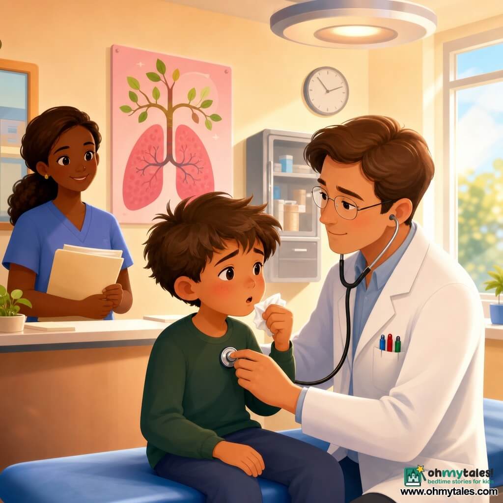 A calm, benevolent doctor with fine glasses and neat brown hair in a white coat listens attentively with a stethoscope to the chest of a coughing boy (Theo, ~9–10) with a round flushed face and tousled brown hair, sitting on a blue exam table and holding a crumpled tissue; a smiling nurse (Lina, ~30) with a brown ponytail stands behind the reception counter holding files; the small bright clinic has cream walls, colorful educational posters (including a pink lungs-as-tree poster), a metal bandage cabinet, a round exam lamp, and a wall clock, with warm colors, soft textures and muted light from a window on the right.
