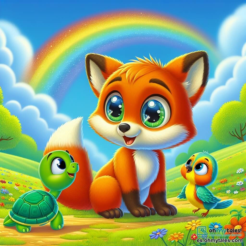 Un zorro llamado Zorrito, con un pelaje naranja brillante y ojos llenos de curiosidad, se encuentra al borde de un prado verde, con las patas ligeramente separadas y la cola enrollada a su alrededor, mostrando una expresión de asombro y determinación. A su lado, una tortuga llamada Turturina, con un caparazón verde y ojos dulces, observa a Zorrito con una sonrisa alentadora, mientras que un pequeño pájaro colorido, Pajarito, vuela sobre ellos, sus plumas brillantes de azul y amarillo, cantando alegremente. El prado está lleno de flores multicolores, bajo un cielo azul salpicado de nubes blancas, y en el horizonte, un arcoíris brilla, casi tocando el suelo. Zorrito, en busca del final del arcoíris, se prepara para dar un paso adelante, listo para descubrir las maravillas de su aventura.