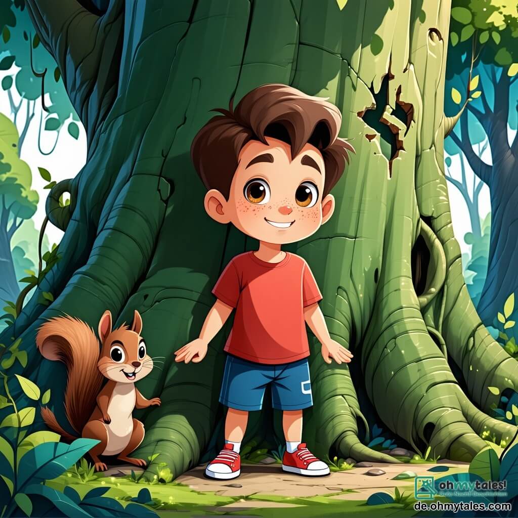 Ein 6-jähriger Junge namens Felix mit zerzausten braunen Haaren und neugierigen, funkelnden Augen steht vor einem großen, knorrigen Baum in einem grünen Wald. Er trägt ein rotes T-Shirt und eine blaue Shorts, und sein Gesicht strahlt vor Freude und spürbarer Aufregung, während er ein mysteriöses Symbol in der Rinde des Baumes entdeckt. Neben ihm beobachtet ein kleiner, lebhafter Eichhörnchen mit hellbraunem Fell ihn neugierig von einem niedrigen Ast aus und ist bereit, ihm bei seinem Abenteuer zu helfen. Der Ort ist eine sonnige Lichtung, umgeben von majestätischen Bäumen mit leuchtend grünen Blättern, während Sonnenstrahlen durch die Äste filtern und den mit bunten Wildblumen bedeckten Boden erhellen. Felix ist fasziniert und untersucht das lächelnde Sternsymbol am Baum, während das Eichhörnchen ungeduldig scheint, ihm den Weg zum versteckten Schatz zu zeigen.