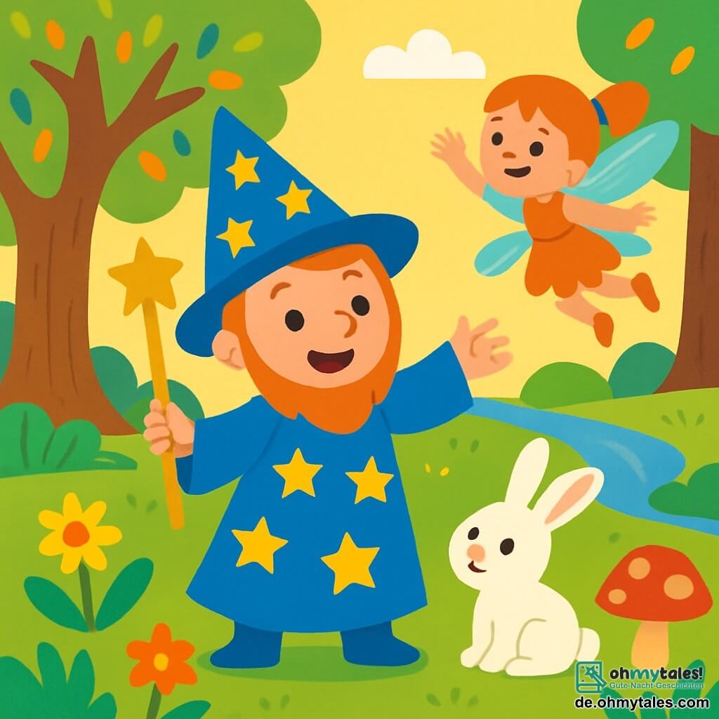 Ein Mann, der freundliche Zauberer Finn, steht inmitten einer sonnigen Lichtung mit einem großen, fröhlichen Lächeln im Gesicht. Er trägt einen leuchtend blauen Zaubererumhang, der mit goldenen Sternen verziert ist, und hält einen prächtigen, funkelnden goldenen Stab. An seiner Seite schaut ein kleiner weißer Hase mit leuchtenden Augen, namens Léo, neugierig zu Finn, seine großen Ohren aufgerichtet. In einer Ecke der Lichtung fliegt eine kleine Fee mit schimmernden Flügeln, etwa 8 Jahre alt, um Finn herum und wedelt begeistert mit ihren Armen. Der Ort ist ein verzauberter, magischer Wald mit knorrigen Baumstämmen und bunten Blättern, während leuchtende Blumen und riesige Pilze den Boden bedecken. Im Hintergrund glitzert ein Bach in der Sonne und verleiht der Szene einen Hauch von Magie. Die Hauptsituation zeigt Finn und seine Freunde, die den Weg suchen, um den verschwundenen Regenbogen wiederzufinden, mit Ausdrücken von Aufregung und Entschlossenheit auf ihren Gesichtern.