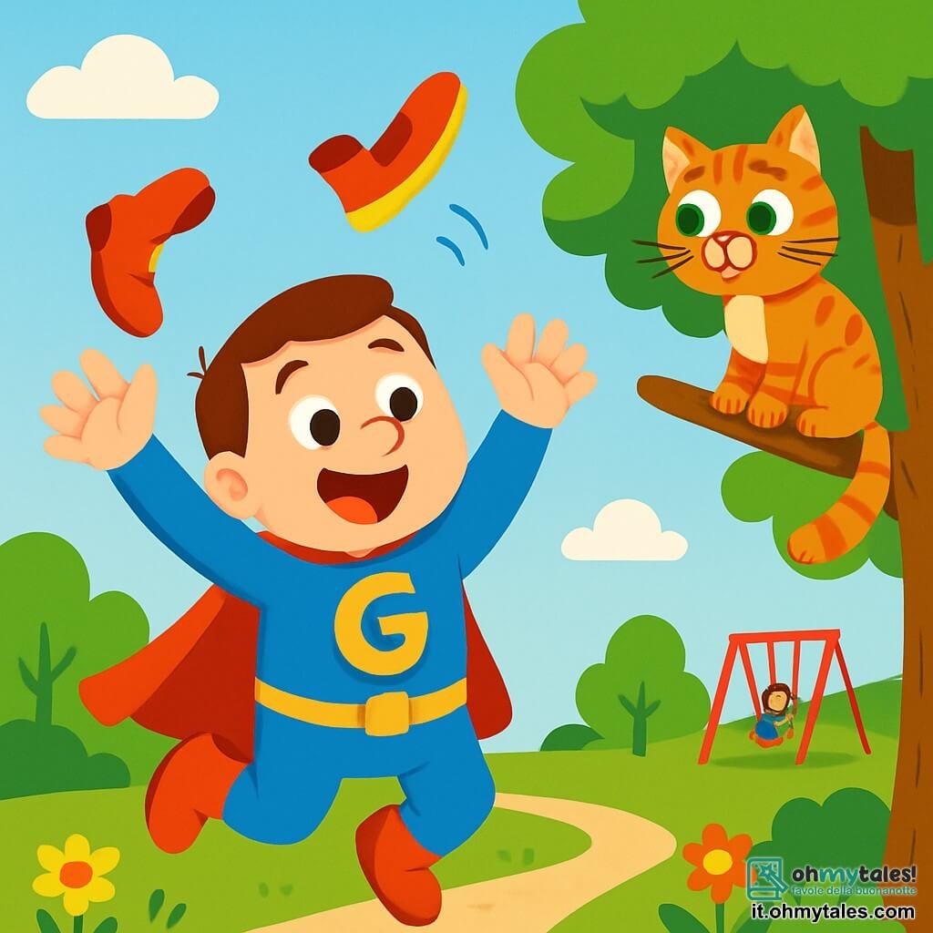 Gigetto è un uomo con un costume da supereroe blu brillante, adornato con una grande "G" dorata sul petto. Ha un ampio sorriso gioioso e occhi scintillanti di eccitazione. Sta saltando con entusiasmo, le braccia alzate verso il cielo, pronto a far volare le sue scarpe. Il gatto è un piccolo felino a strisce arancioni e bianche, con grandi occhi verdi brillanti. È appollaiato su un ramo d'albero, guardando Gigetto con curiosità, le zampe anteriori sospese nel vuoto. La scena si svolge in un parco soleggiato, con alberi frondosi, fiori colorati e un cielo blu punteggiato di nuvole soffici. In lontananza, si vedono bambini che giocano su un'altalena. In questa situazione principale, Gigetto cerca di salvare il gatto bloccato nell'albero usando le sue scarpe volanti, ma queste si alzano in aria, lasciando Gigetto divertito e un po' perplesso.