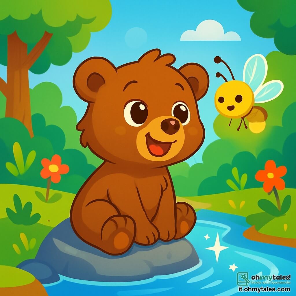 Un piccolo orso bruno di nome Orsofiore, con occhi scintillanti di curiosità e un sorriso dolce, è seduto su una pietra liscia accanto a un ruscello scintillante. Osserva meravigliato i riflessi del sole nell'acqua, il suo pelo è setoso e ha un'espressione di gioia e stupore. Accanto a lui, una piccola lucciola luminosa, con ali delicate e scintillanti, vola intorno a lui, illuminando la scena con la sua dolce luce dorata. Sullo sfondo, una foresta lussureggiante si estende, con alberi maestosi e foglie verdi vibranti. Il cielo è di un blu splendente, punteggiato da nuvole bianche e soffici. La scena principale mostra Orsofiore che scopre la bellezza del suo ambiente, incantato dalla luce della lucciola e dal mormorio rassicurante del ruscello, illustrando la magia della semplicità della natura.