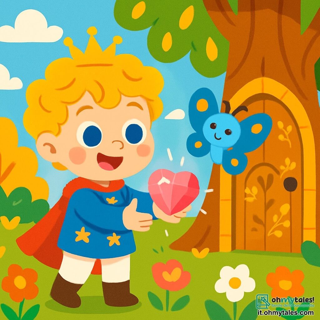 Un principe dai capelli biondi e ricci, di circa 7 anni, con grandi occhi brillanti e un sorriso gioioso, si trova davanti a una porta magica, con le mani tese verso un cuore di cristallo scintillante. Indossa una tunica blu decorata con stelle dorate e pantaloni bianchi. Accanto a lui, una piccola farfalla dalle ali blu vivace, con motivi dorati, vola gioiosamente attorno a lui, incoraggiandolo con un sorriso amichevole. Il decor è un giardino incantevole, pieno di fiori colorati dai petali brillanti, alberi con foglie dorate e un cielo blu chiaro punteggiato di nuvole bianche e soffici. La porta magica, piccola e decorata con motivi floreali, è incastonata in un grande albero maestoso. La situazione principale mostra il principe, meravigliato e curioso, pronto a scoprire il regno segreto dietro la porta, mentre la farfalla lo incoraggia con entusiasmo, illuminando l'atmosfera di magia e avventura.
