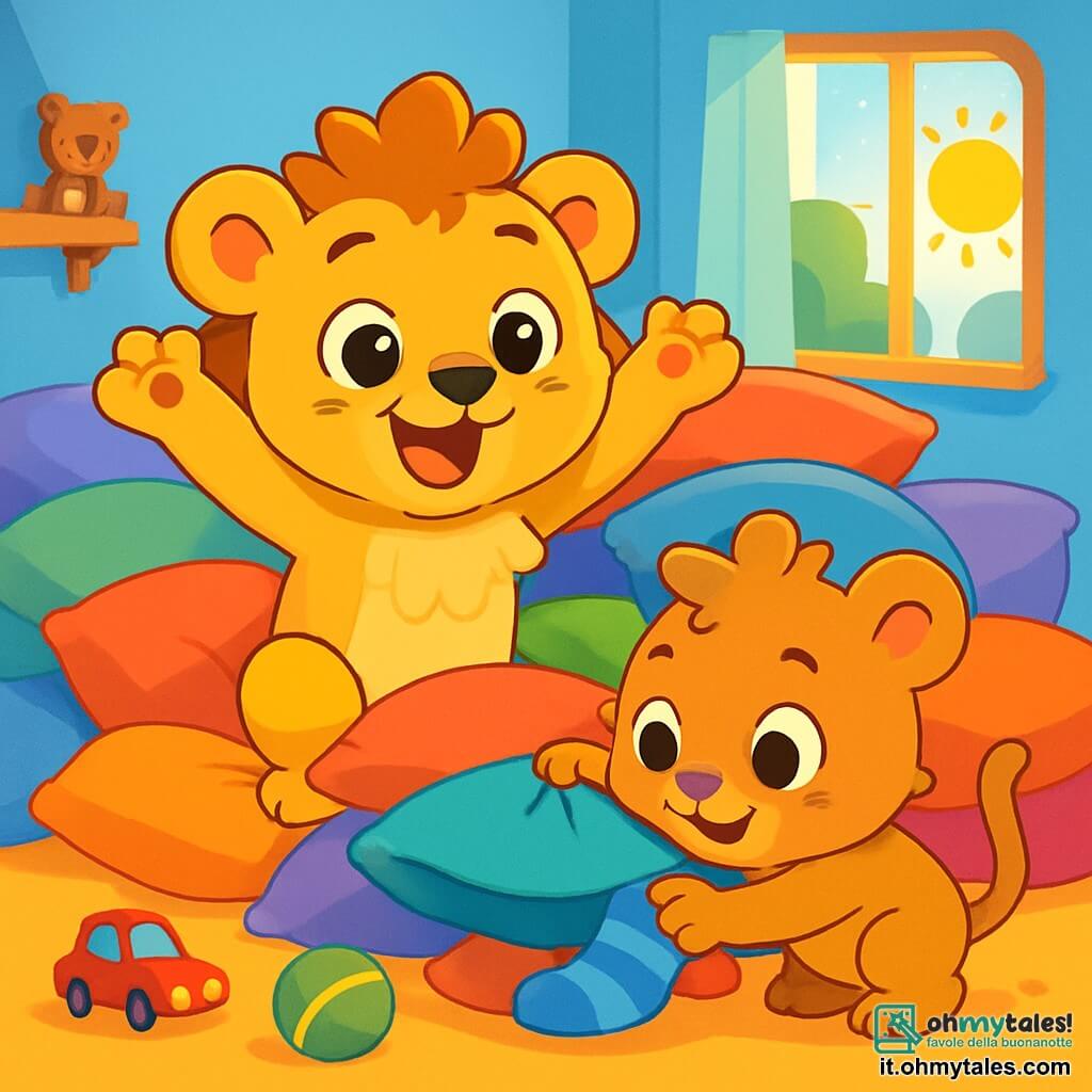 Un leoncino dorato, Leo, con grandi occhi scintillanti e un sorriso malizioso, è seduto in mezzo a una montagna di cuscini colorati, sollevando le zampe in aria con eccitazione. Accanto a lui, sua sorella Emma, un adorabile leoncino dai peli morbidi e lucenti, con un naso rosa e occhi rotondi pieni di curiosità, cerca sotto un cuscino, con aria determinata e gioiosa. La scena si svolge in una cameretta accogliente, con pareti dipinte di azzurro, giocattoli sparsi sul pavimento e raggi di sole che filtrano da una finestra, illuminando la stanza. I due personaggi stanno cantando insieme, sperando di far riapparire un calzino magico scomparso, creando un'atmosfera di gioia e avventura nel loro rifugio segreto.