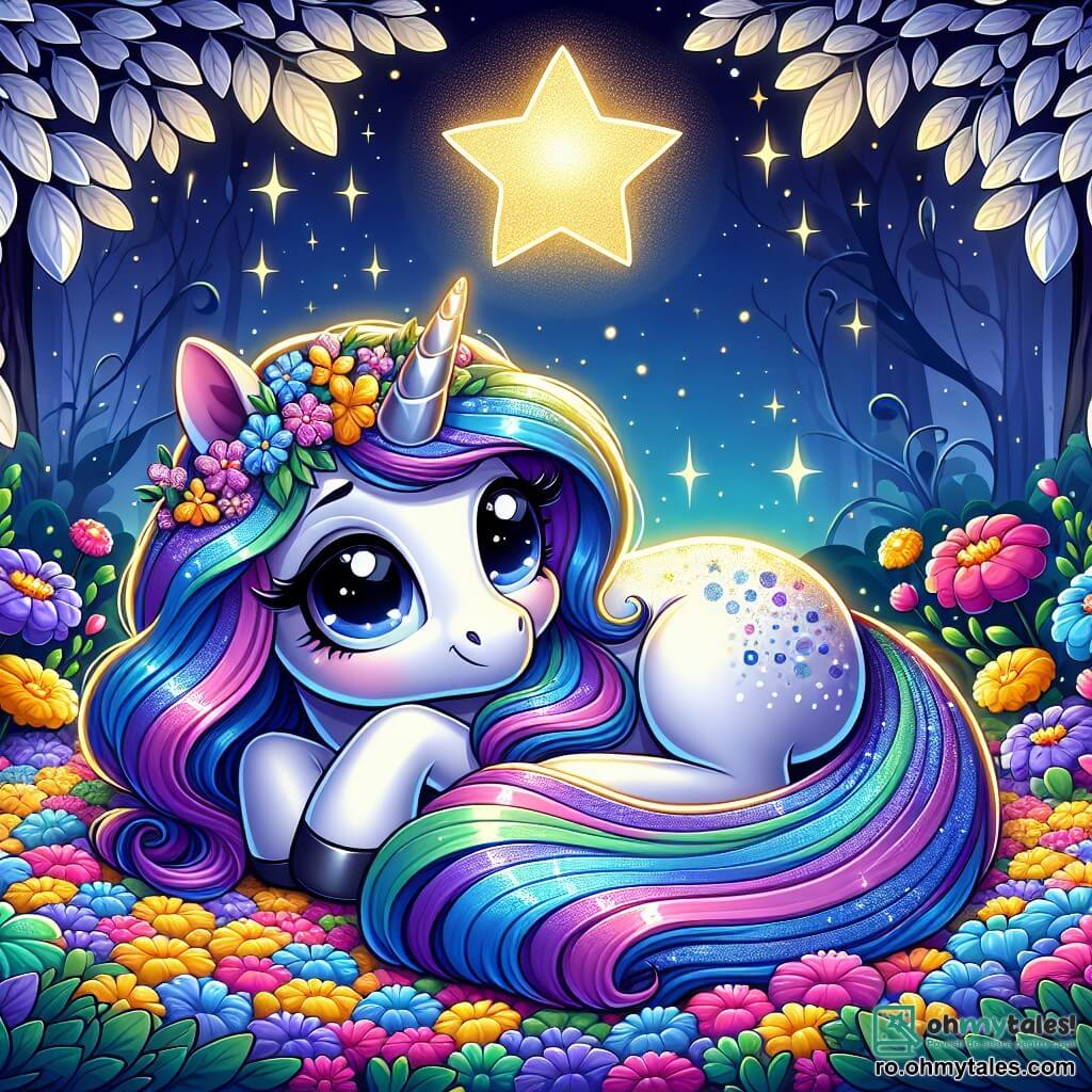 O unicornă majestuoasă, numită Lila, se odihnește pe un covor de petale multicolore, cu ochii mari strălucind de uimire și serenitate. Coama ei sclipitoare, în nuanțe de albastru și violet, flutură ușor în briza nocturnă, în timp ce inspiră adânc, savurând pacea din jur. Deasupra, o stea luminoasă, cu raze aurii strălucitoare, strălucește ca o gardiană blândă, emanând o lumină caldă și liniștitoare. Scena se desfășoară într-o grădină secretă grațioasă, unde flori vibrante dansează sub lumina lunii, iar copacii cu frunze argintii creează o atmosferă magică și liniștită. Lila se lasă purtată de dulceața momentului, pregătindu-se să se cufunde într-un somn pașnic, înconjurată de frumusețea naturii și lumina reconfortantă a stelei.