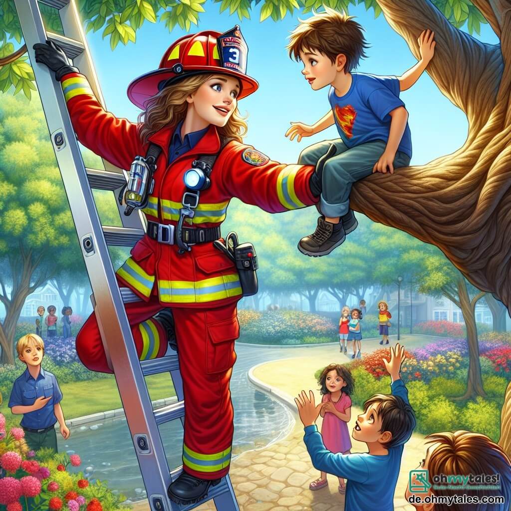 Eine mutige Feuerwehrfrau, Lisa, steht auf einer Rettungsleiter, ihr Gesicht strahlt Entschlossenheit und Freundlichkeit aus. Sie trägt eine leuchtend rote Uniform, einen glänzenden Feuerwehrhelm und schwarze Handschuhe, während sie ihre Hand zu einem kleinen Jungen ausstreckt, der auf einem Ast sitzt und besorgt schaut. Der etwa 6-jährige Junge hat unordentliche braune Haare und trägt ein blaues T-Shirt mit einem Superhelden-Motiv. Er sieht Lisa hoffnungsvoll an, bereit hinunterzukommen. In der Nähe beobachtet eine Gruppe von vier Kindern im Alter von 5 bis 8 Jahren die Szene mit bewundernden und aufgeregten Gesichtsausdrücken, einige winken, um den Jungen zum Hinunterkommen zu ermutigen. Die Szene spielt in einem grünen Park mit majestätischen Bäumen, bunten Blumen am Wegesrand und einem strahlend blauen Himmel. Auf dem Boden spielen Kinder mit Spielzeugen und Ballons, was eine fröhliche und lebhafte Atmosphäre schafft. Die Hauptsituation zeigt Lisa, die Feuerwehrfrau, die den kleinen Jungen vom Ast eines Baumes rettet und dabei Mut und Solidarität verkörpert, während die anderen Kinder sie begeistert anfeuern.