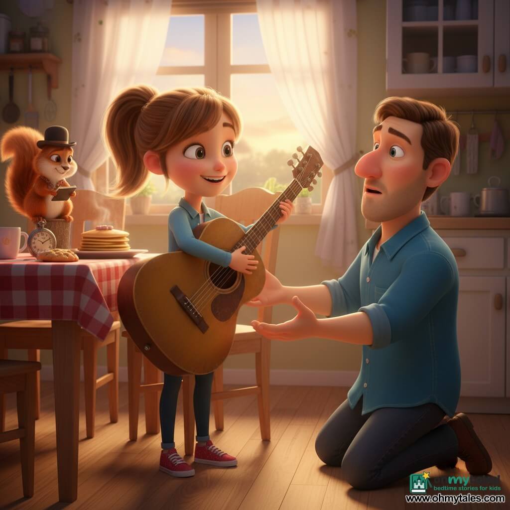 A radiant 10-year-old girl with light chestnut pigtails and glittery red sneakers holds a dusty guitar to her chest, offering it as a Father's Day gift to her kneeling, surprised and moved 38-year-old father with a gentle face, stubble and a casual blue shirt, while a small costumed red squirrel called Sir Nutters perches on a chair back with a tiny bowler hat and notebook; the warm, sunlit kitchen with a light wood table, red checkered cloth, a sparkling cookie, steaming pancakes and a coffee cup creates a tender, joyful scene bathed in golden sunset light and soft textures.
