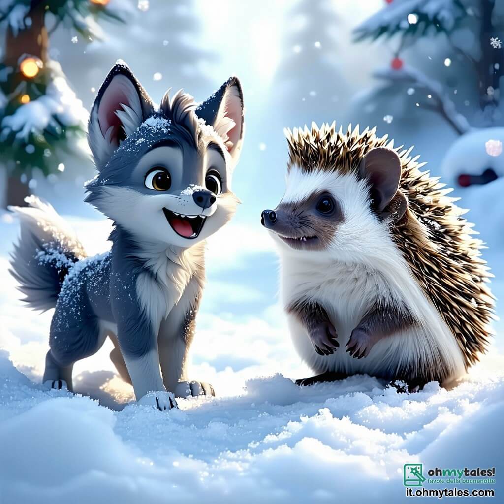 Un piccolo lupo di nome Lupoletto, con un morbido pelo grigio e occhi brillanti di curiosità, salta felicemente nella neve scintillante. A destra, un saggio riccio con spine luccicanti osserva Lupoletto con orgoglio, tenendo una piccola noce tra le zampe. A sinistra, una volpe rossa dal pelo vivace, con occhi maliziosi, si prepara a mostrargli un tesoro nascosto sotto la neve, sorridendo in modo complice. La scena si svolge in una foresta incantata, con grandi alberi maestosi coperti di neve e fiocchi che cadono dolcemente dal cielo blu. Lupoletto, circondato dai suoi amici, scopre un tesoro di cibo nascosto sotto la neve, celebrando la loro amicizia e le lezioni apprese sulla sopravvivenza in inverno, in un'atmosfera gioiosa e magica.