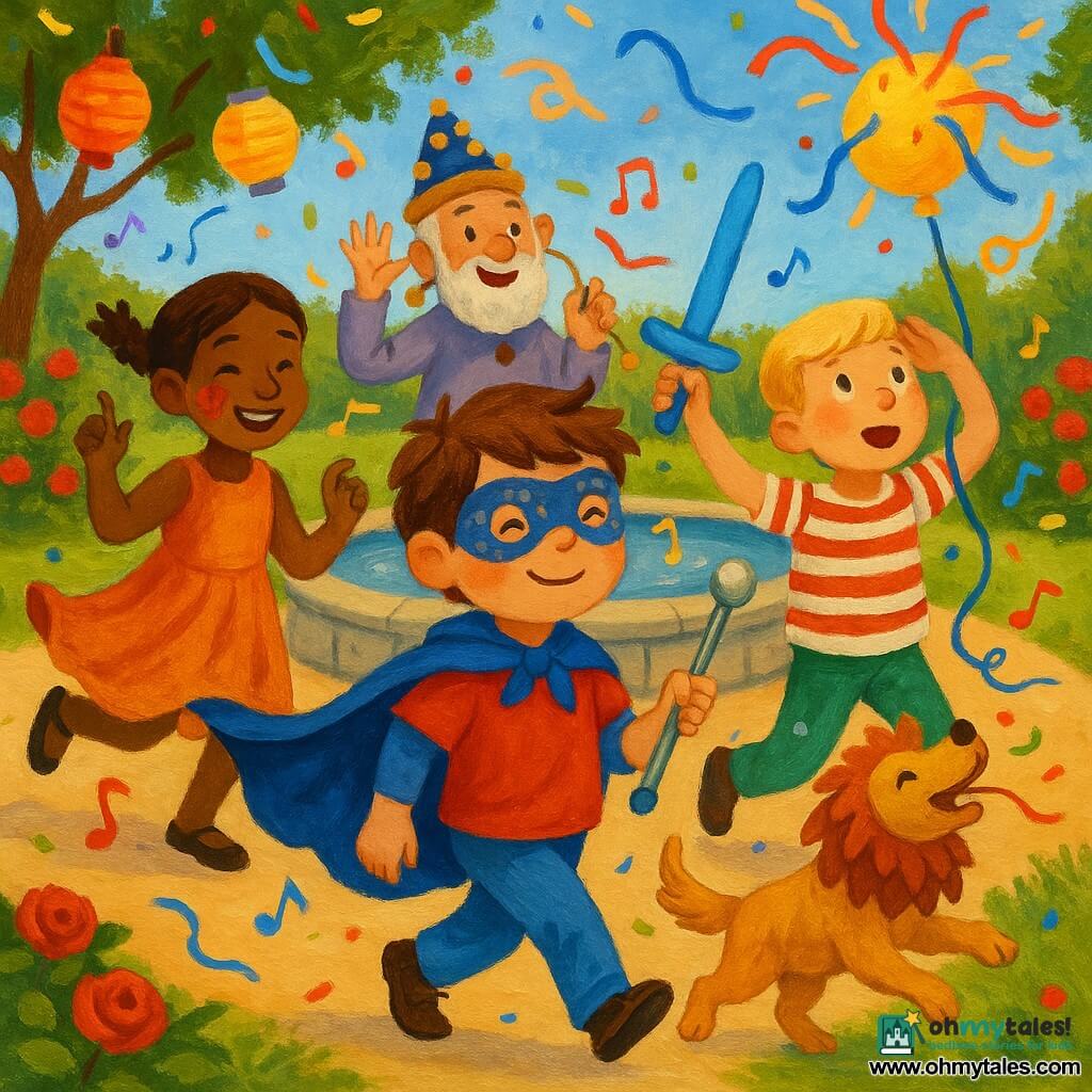 A joyful short parade circles a stone fountain in a sunny public garden with green lawn, red rosebeds and colorful paper lanterns: a happy 6-year-old boy with a round face, rosy cheeks, tousled chestnut hair, wearing a blueberry-blue cape and small star mask, holding a silver parade baton and marching forward; to his left a ~7-year-old "Berry Dancer" girl with braided brown hair, strawberry face paint and a twirling orange dress snapping her fingers; to his right a 6–8-year-old "Captain Pop" blond boy with a crew cut saluting while holding a blue balloon sword as a balloon floats above; about 65-year-old Mister Ding, wearing a small cap and bell-adorned hat with a graying beard, walks slightly behind jingling his hat; a dog dressed as a lion with a golden coat and fabric mane leaps to catch a balloon string in the foreground; music and bells accompany rhythmic steps (stomp, tiptoe, twirl), confetti and streamers fly, ending in a burst of paper serpents.