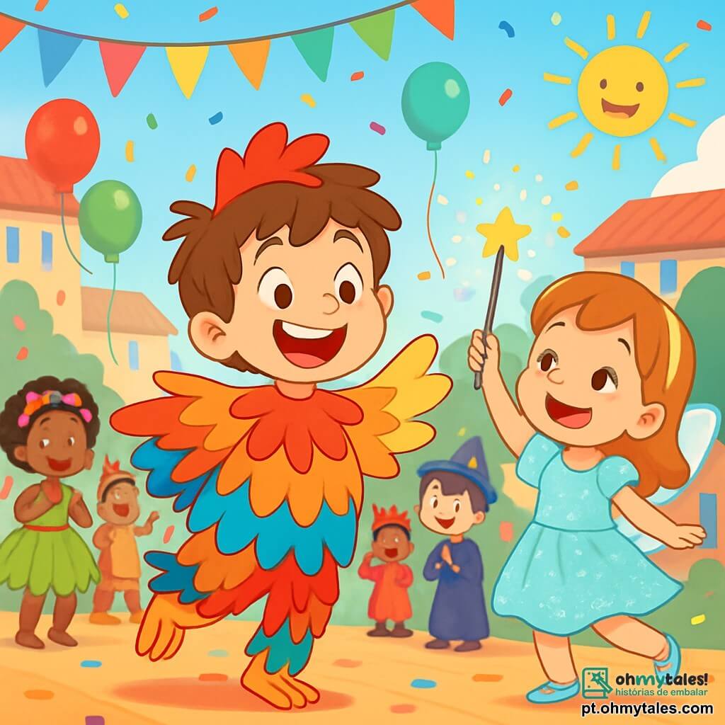 Um menino de 6 anos, Léo, com cabelos castanhos bagunçados e um grande sorriso radiante de alegria, veste um lindo traje de "frango mágico" feito de penas coloridas, dançando entusiasticamente no meio da praça. Ao seu lado, uma menina de 6 anos, vestida com um vestido de fada cintilante e asas brilhantes, ri enquanto agita uma varinha mágica, criando faíscas douradas ao redor deles. Ao fundo, um grupo de crianças de diferentes nacionalidades, todas em trajes vibrantes, aplaudem e dançam, acrescentando à atmosfera festiva. O local é uma praça animada, decorada com guirlandas coloridas, balões flutuantes e confetes caindo do céu, sob um sol radiante. A cena mostra Léo e seus amigos participando de um concurso de dança, com expressões de felicidade e excitação em seus rostos, cercados de risadas e música alegre.