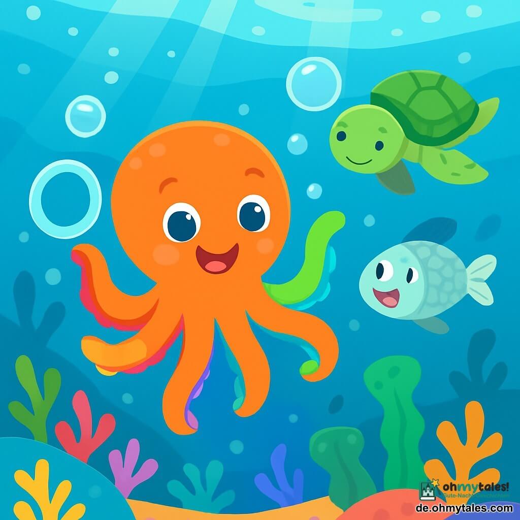 Ein kleiner Oktopus namens Otto, mit vibrierenden und bunten Armen, schwimmt fröhlich in kristallklarem Wasser, seine Augen strahlen vor Neugier und Freude. Er erzeugt glitzernde Blasen um sich herum und zeigt ein großes Lächeln auf seinem runden, freundlichen Gesicht. In der Nähe beobachtet ein kleiner Fisch namens Finn, mit silbernen Schuppen, begeistert mit weit aufgerissenen Augen und offenem Mund. Eine sanfte Schildkröte namens Tila, mit einem grünen Panzer, der mit goldenen Mustern verziert ist, schwebt friedlich, mit einem ruhigen und ermutigenden Ausdruck, bereit Otto zu helfen. Die Kulisse ist eine wunderschöne Unterwasserbucht, gefüllt mit bunten Korallen, tanzenden Wasserpflanzen und Lichtstrahlen, die durch die Wasseroberfläche filtern und ein zauberhaftes Schauspiel schaffen. In dieser Szene erfindet Otto ein lustiges Spiel mit Blasen und Meeresringen, während die anderen Meeresbewohner ihn anfeuern und das Wasser mit Lachen und Freude füllen.