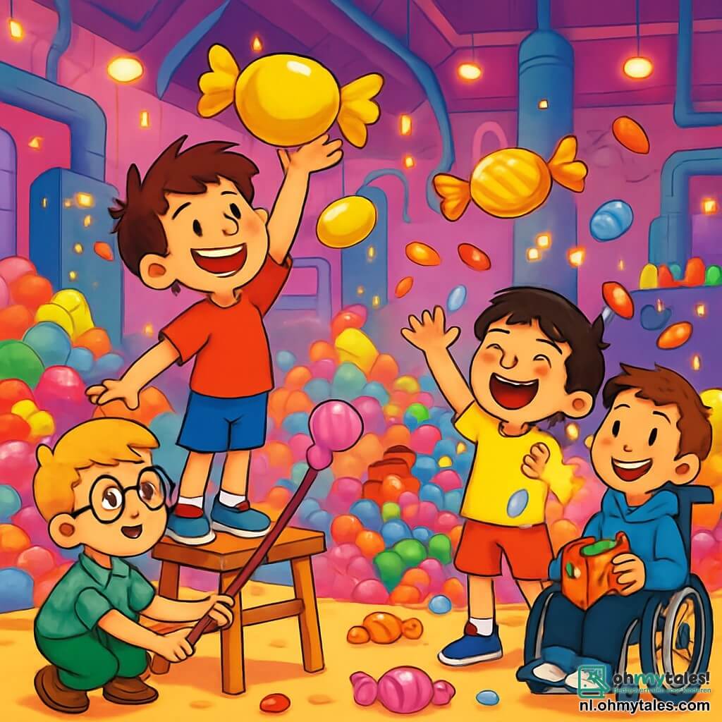 Er zijn 4 kinderen: Max, een 8-jarig jongetje met rommelig bruin haar en een grote glimlach, staat op een stoel met zijn armen omhoog om een enorme gouden snoep te pakken. Tom, ook 8 jaar, met ronde bril en blond haar, zit op zijn hurken en houdt een grote stok met plakkerig kauwgom aan de punt vast. Sam, een 8-jarige met zwart haar en sproeten, lacht met zijn armen omhoog, omringd door vliegende snoepjes. Joris, een 8-jarige in een rolstoel met kastanjebruin haar, zit naast zijn vrienden en houdt een klein zakje vol snoep vast dat hij heeft kunnen vangen. De scène speelt zich af in een enorme snoepfabriek met kleurrijke muren en glanzende snoepmachines. De kinderen zijn actief bezig met het vangen van gouden snoepjes van een hoge tafel, terwijl de sfeer vrolijk en chaotisch is.