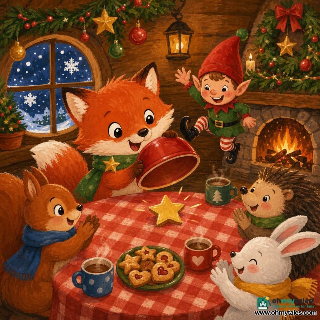 A small round red fox, joyful and focused with bright eyes and a fluffy tail, wears a green scarf with a gold star sticker and lifts a red bowl on a wooden table to show the sticker he found; a mischievous Christmas elf with a pointed red hat, shiny boots and rosy cheeks jumps on the table behind him waving; a lively squirrel with a blue scarf, a white bunny with a yellow scarf and a round hedgehog with a small green scarf sit smiling and applauding around the table; cozy wooden den interior with a red-check tablecloth, steaming cups, plates of cookies, garlands and baubles, a crackling fireplace and a round window with large falling snowflakes; warm gouache-textured palette and soft shiny atmosphere capturing the playful moment.
