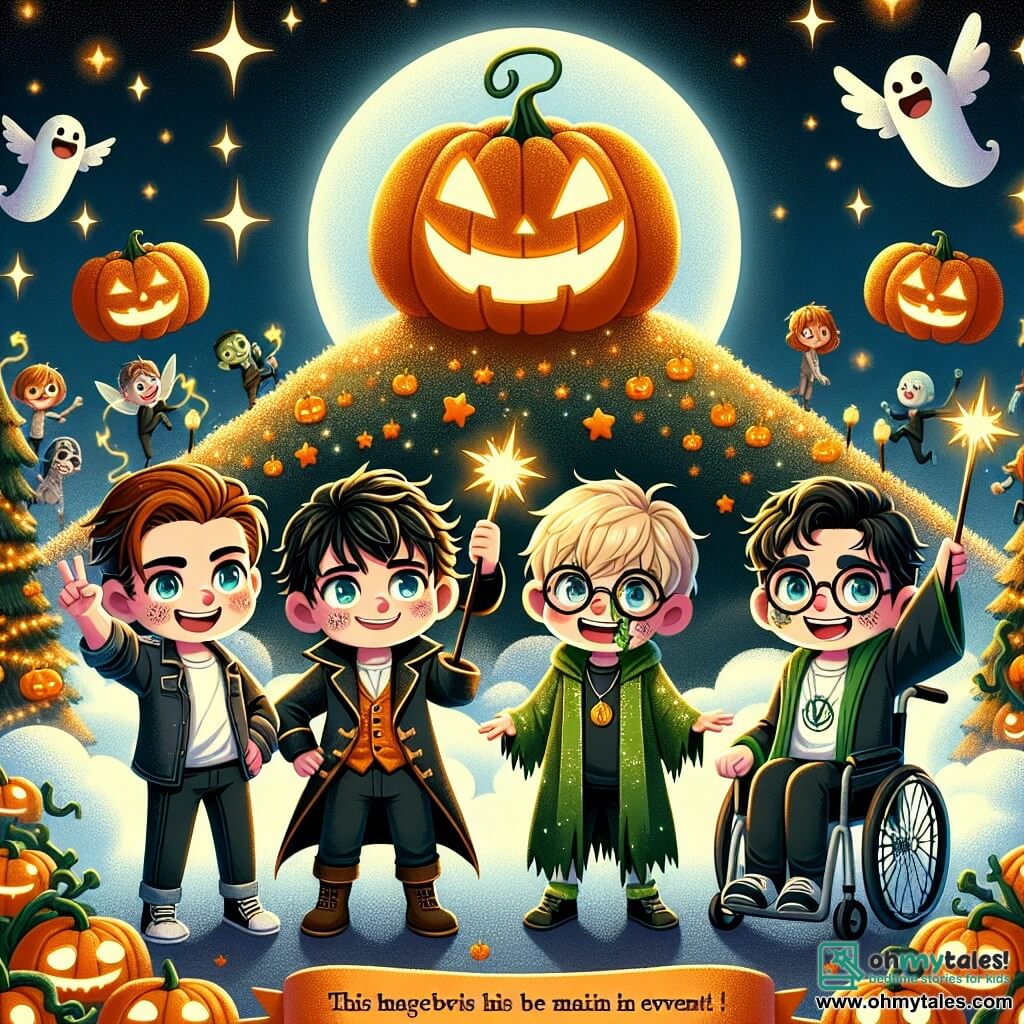 In a magical Halloween scene, four boys stand together on a sparkling hill called Pumpkin Peak. Jack, a 10-year-old with messy brown hair, wears a pirate costume with a black hat and a cardboard sword, smiling widely and raising his arms in victory. Eli, a 9-year-old with blonde hair and a green-painted face, is dressed as a zombie, making a funny face while holding a small plastic skeleton. Max, an 11-year-old with black hair and glasses, is in a shiny superhero costume with a red cape, standing proudly with his hands on his hips. Sam, a 10-year-old in a wheelchair, wears a wizard robe adorned with golden stars and holds a sparkling wand, smiling joyfully in a glow of light. The enchanting environment features golden-leaved trees, dancing fireflies, and a starry night sky. At the hilltop, a huge glowing pumpkin emits a soft orange light. The main scene shows the boys celebrating their victory after retrieving the magical pumpkin, surrounded by friendly creatures like cheerful ghosts and dancing goblins, creating a festive and magical atmosphere.