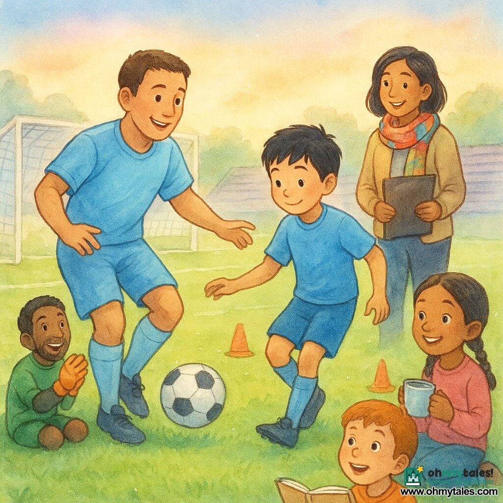 A smiling, kind professional footballer with short brown hair and a round face in a sky-blue jersey gently passes with the inside of his foot to a shy-faced 11-year-old boy, Jiro, with short black hair preparing to shoot, standing slightly ahead and to the right; coach Mina (~35) with a colorful scarf and clipboard stands on the sideline smiling and encouraging, goalkeeper Bruno (~28) wearing colorful gloves crouches by the left goal applauding playfully, a nine-year-old freckled boy with a large notebook sits on the grass front right with wide eyes and an open sketchbook, a curious eight-year-old girl with braids sits beside him holding a cup of cocoa. The setting is a small training stadium with glossy green turf, clean white lines, orange cones, an empty gray stand and a soft pastel sky with warm sun rays; the scene conveys sharing, kindness, teamwork and a warm sporting atmosphere.