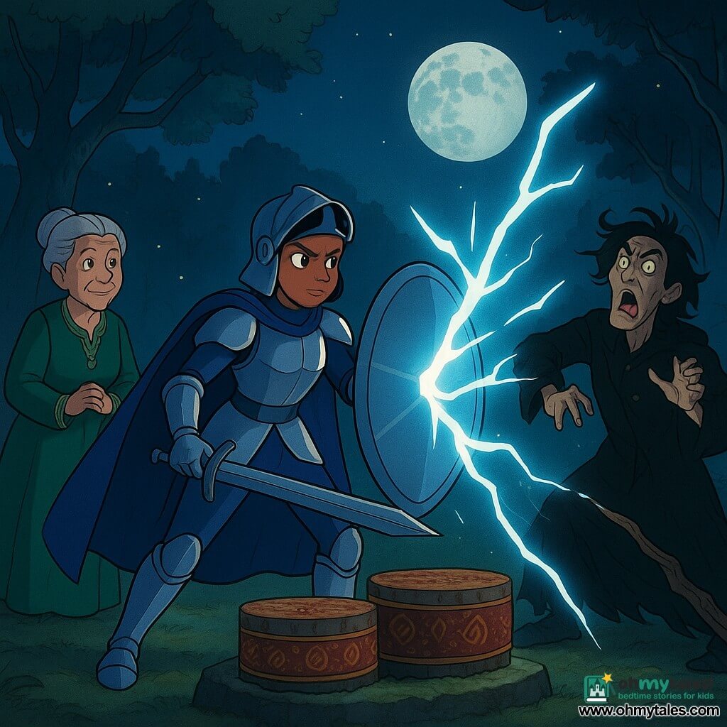 A young female knight stands center, brave and focused with a determined face, gleaming silver armor with midnight-blue highlights, a mid-length heavy cape and a partially raised helmet, angling a polished large shield that reflects a bolt of lightning; to the left, an elderly woman named Marda (about 70), small and stooped with gray hair in a bun, wearing an emerald green embroidered robe, stands near the stone altar with hands clasped and a proud, reassuring gaze; to the right a twisted male sorcerer (about 45) in a torn black coat with glowing green eyes and a cracked staff is struck by the reflected lightning and thrown back; on the low stone altar three large dark wooden drums covered in thousands of small red-and-gold sigils rest on a mossy base; the scene is a nighttime glade ringed by tall twisted yews, the mossy ground silvered by moonlight with floating yellow fireflies, a magical dynamic atmosphere showing the knight redirecting lightning to shatter the sorcerer’s staff and protect the sacred drums, triangular composition, dramatic lightning captured in sharp luminous streaks and a palette of cool blues, emerald greens and warm golds and reds.
