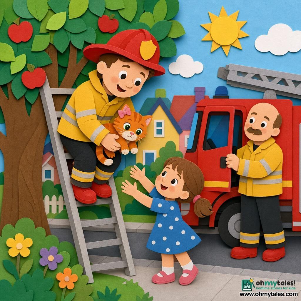 A tall, smiling, kind firefighter with a round face and fair skin wears a large red helmet, shiny red boots and a yellow jacket with reflective stripes as he climbs down a ladder gently carrying a small kitten; a little 5-year-old girl with brown pigtails and a blue polka-dot dress stands at the base of the tree with arms outstretched and a hopeful, radiant face ready to take the cat; another firefighter, bald with a small mustache, stands near the shiny red fire truck with his hand on the open door, looking proud and attentive; the kitten is a female orange tabby with big bright eyes and soft fur, mewing then calming against the firefighter; the scene is a sunny neighborhood street with a large leafy apple tree, gray sidewalk, colorful houses in the background and the red fire truck parked nearby, creating a warm, reassuring atmosphere.