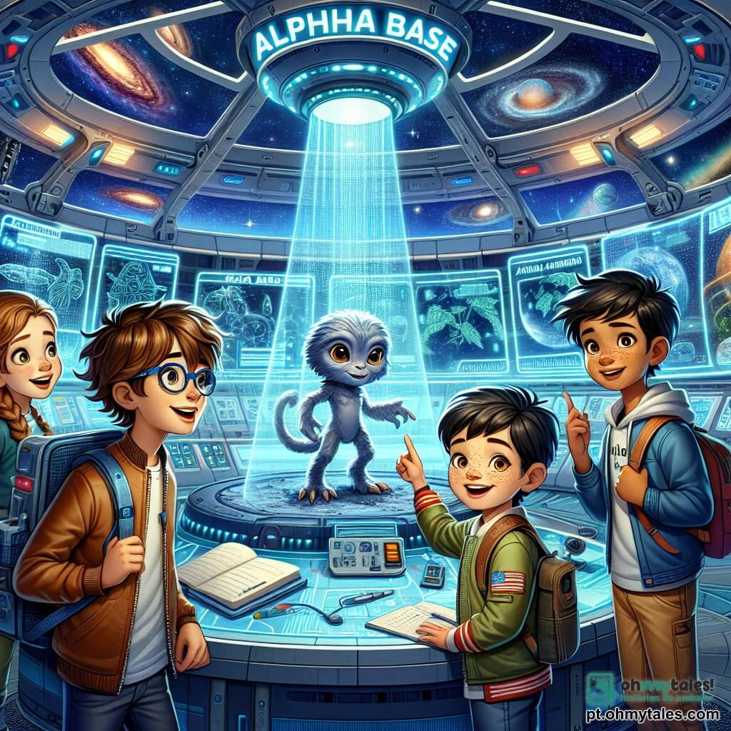 Quatro personagens principais estão na Base Alpha: Lucas, um garoto de 10 anos com cabelos castanhos bagunçados e óculos redondos, observa com admiração uma criatura extraterrestre; Sofia, uma menina de 9 anos com cabelos loiros trançados, sorri segurando um pequeno aparelho de comunicação; Tiago, um garoto de 11 anos com cabelos negros e sardas, aponta para um holograma de um tigre; e Clara, uma menina de 10 anos com cabelos castanhos e cacheados, faz anotações em um caderno, com os olhos brilhando de excitação. A Base Alpha é uma estação espacial futurista flutuando no espaço, com grandes janelas de vidro transparente que oferecem uma vista deslumbrante de estrelas cintilantes e nebulosas coloridas. Os quatro amigos estão recebendo extraterrestres amistosos, com pele azulada e olhos brilhantes, que acabaram de pousar em sua nave espacial. As crianças e os extraterrestres trocam sorrisos, ilustrando um encontro alegre e cheio de curiosidade, simbolizando a amizade intergaláctica.