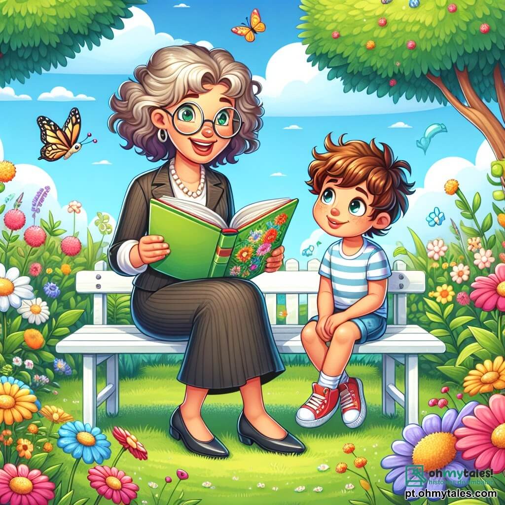 Uma professora sorridente, Lúcia, uma mulher de meia-idade com cabelos cacheados e óculos redondos, está sentada em um banco de jardim, cercada por flores coloridas. Ela tem um olhar caloroso e alegre, segurando um livro ilustrado nas mãos. Ao lado dela, Pedro, um menino de 8 anos com cabelos castanhos bagunçados e uma camiseta listrada, a escuta atentamente, com os olhos brilhando de curiosidade. O jardim está cheio de flores vibrantes, com borboletas voando ao redor e um céu azul claro ao fundo. Árvores verdes se erguem, criando uma atmosfera pacífica e acolhedora. Lúcia conta uma história cativante para Pedro, que está sentado de pernas cruzadas na grama, ouvindo com admiração, enquanto o sol brilha suavemente, iluminando seu momento de compartilhamento.