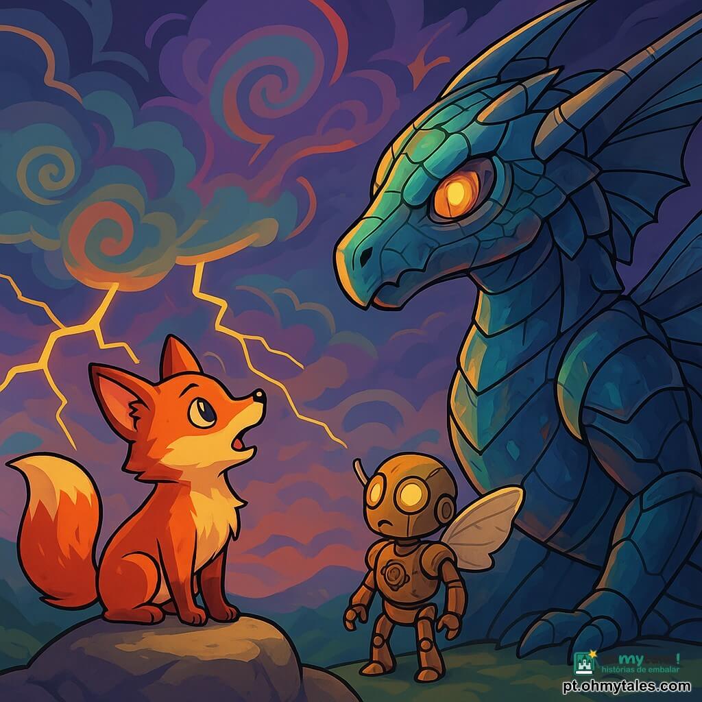 No centro da imagem, uma pequena raposa chamada Sable, com pelagem cobre brilhante e olhos curiosos, observa com determinação um grande Sopro-Primal, uma criatura meio máquina, meio animal, com escamas iridescentes e asas de metal brilhante. Sable está em uma pedra lisa, coração acelerado, pronto para cantar e restaurar a harmonia perdida. Ao lado dele, Bruma, um pequeno autômato de latão, com engrenagens visíveis e asas de tecido, observa com esperança, seus olhos refletindo a luz do céu turbulento. O cenário é um Anel de Tempestade, uma paisagem fantástica com nuvens em espiral coloridas e relâmpagos iluminando o céu escuro, criando uma atmosfera mágica e misteriosa. A cena mostra Sable cantando com paixão, cercado por melodias vibrantes, enquanto o Sopro-Primal, ferido mas atento, escuta cuidadosamente, pronto para receber a nota perdida que restaurará o equilíbrio do mundo.