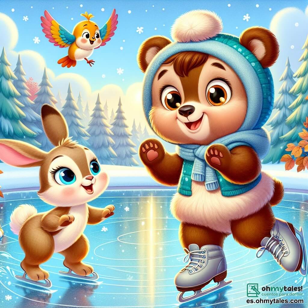Un pequeño oso marrón llamado Bruno, con un pelaje suave y ojos brillantes de emoción, patina alegremente sobre una superficie de hielo brillante, con una gran sonrisa en su rostro. A su lado, una elegante liebre llamada Lila, con largas orejas y pelaje beige, lo anima con una mirada orgullosa, sus patas levantadas en señal de aplauso. Un pequeño pájaro colorido llamado Pico, con plumas amarillas y azules, vuela en círculos sobre ellos, mostrando una expresión alegre y cantando palabras de aliento. El escenario es un hermoso lago helado rodeado de majestuosos árboles con hojas de otoño, con copos de nieve cayendo suavemente del cielo azul claro. La escena irradia una atmósfera de alegría y camaradería, mientras Bruno se lanza para realizar un salto audaz, rodeado de sus amigos que lo animan con entusiasmo.