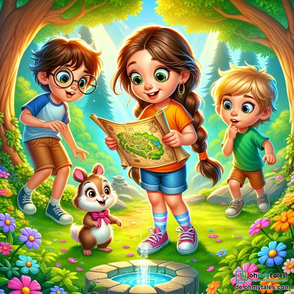 Eine Illustration zeigt ein 7-jähriges Mädchen mit langen, geflochtenen braunen Haaren, das ein buntes T-Shirt und eine Jeansshorts trägt. Sie hält eine alte Schatzkarte, ihre Augen strahlen vor Aufregung und Neugier. Neben ihr steht ein 8-jähriger Junge mit runden Brillen und zerzausten kastanienbraunen Haaren, der die Karte mit einem bewundernden Lächeln betrachtet, seine Hände auf den Hüften. Ein weiterer 7-jähriger Junge mit blonden Haaren und Sommersprossen hockt neben einem Baum und beobachtet eine kleine magische Kreatur mit runden, faszinierenden Augen. Der Hauptort ist eine sonnige Lichtung im Herzen eines dichten Waldes, umgeben von majestätischen Bäumen mit leuchtend grünen Blättern, farbenfrohen Blumen, die den Boden bedecken, und einem alten Steinkeller in der Mitte, wo das Wasser unter den Sonnenstrahlen glitzert. Die Hauptsituation zeigt die drei Kinder, die einen geheimnisvollen alten Brunnen entdecken, umgeben von leuchtenden Blumen, während sie erkennen, dass der wahre Schatz das Abenteuer ist, das sie gemeinsam teilen. Weitere grafische Elemente sind Sonnenstrahlen, die durch die Äste der Bäume filtern, Vögel, die am blauen Himmel singen, und kleine magische Kreaturen, die sich hinter den Blumen verstecken, was dieser Abenteuerszene einen Hauch von Magie verleiht.