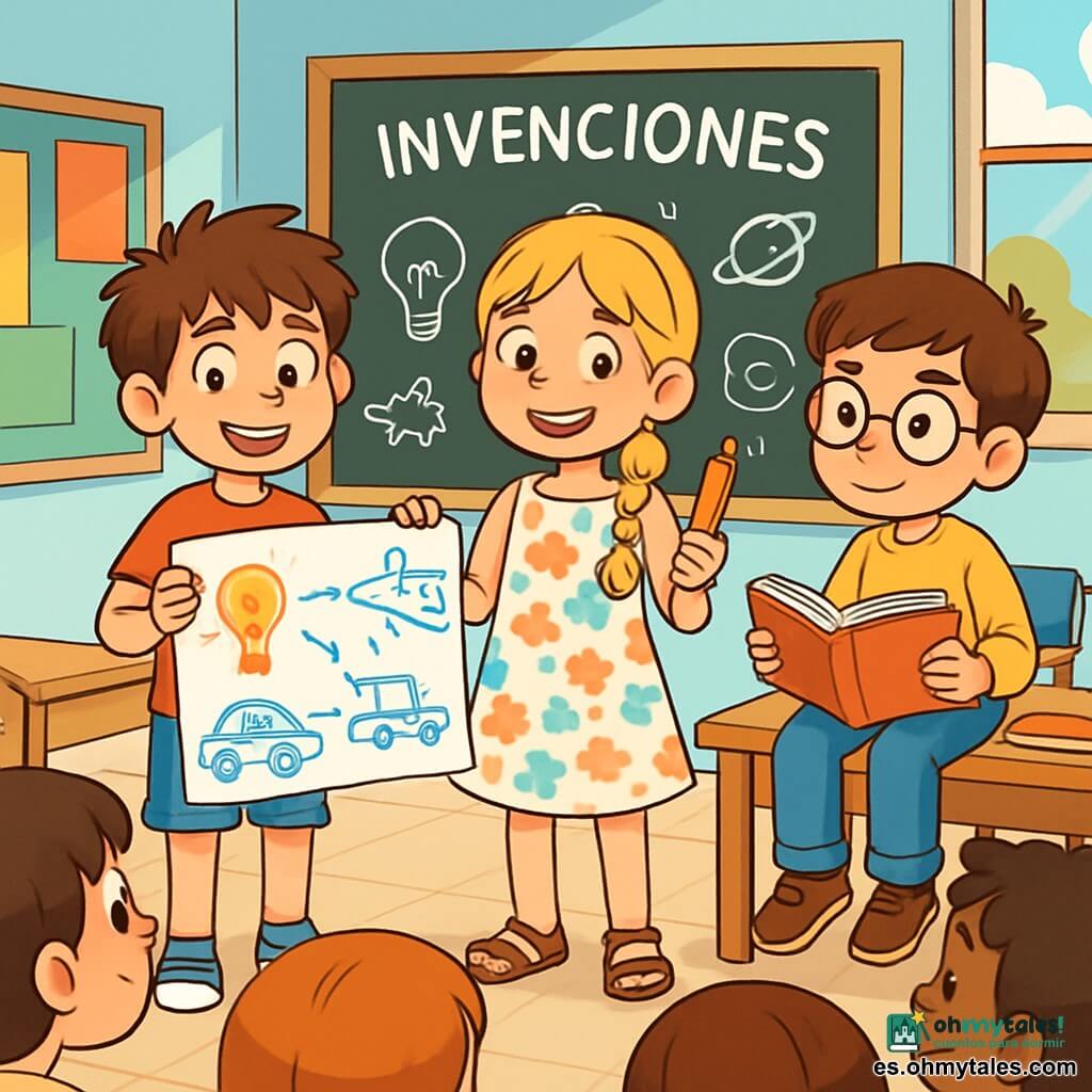 Hay 3 personajes: Leo, un niño de 10 años con cabello castaño desordenado, que lleva una camiseta roja y un pantalón corto azul, sosteniendo una gran hoja de papel con dibujos coloridos; Marta, una niña de 10 años con largas trenzas rubias, vestida con un vestido de flores y sandalias, sonriendo mientras sostiene un lápiz; y Hugo, un niño de 10 años con gafas redondas y cabello castaño, vestido con un suéter amarillo y jeans, que mira atentamente un libro abierto, sentado en una mesa. Los tres amigos están en un aula luminosa con paredes pintadas de azul claro, carteles coloridos en los paneles y ventanas que dejan entrar la luz del sol. La escena principal muestra a los tres amigos presentando su proyecto sobre inventos, con sonrisas entusiastas, rodeados de dibujos y notas, mientras sus compañeros los escuchan con atención.