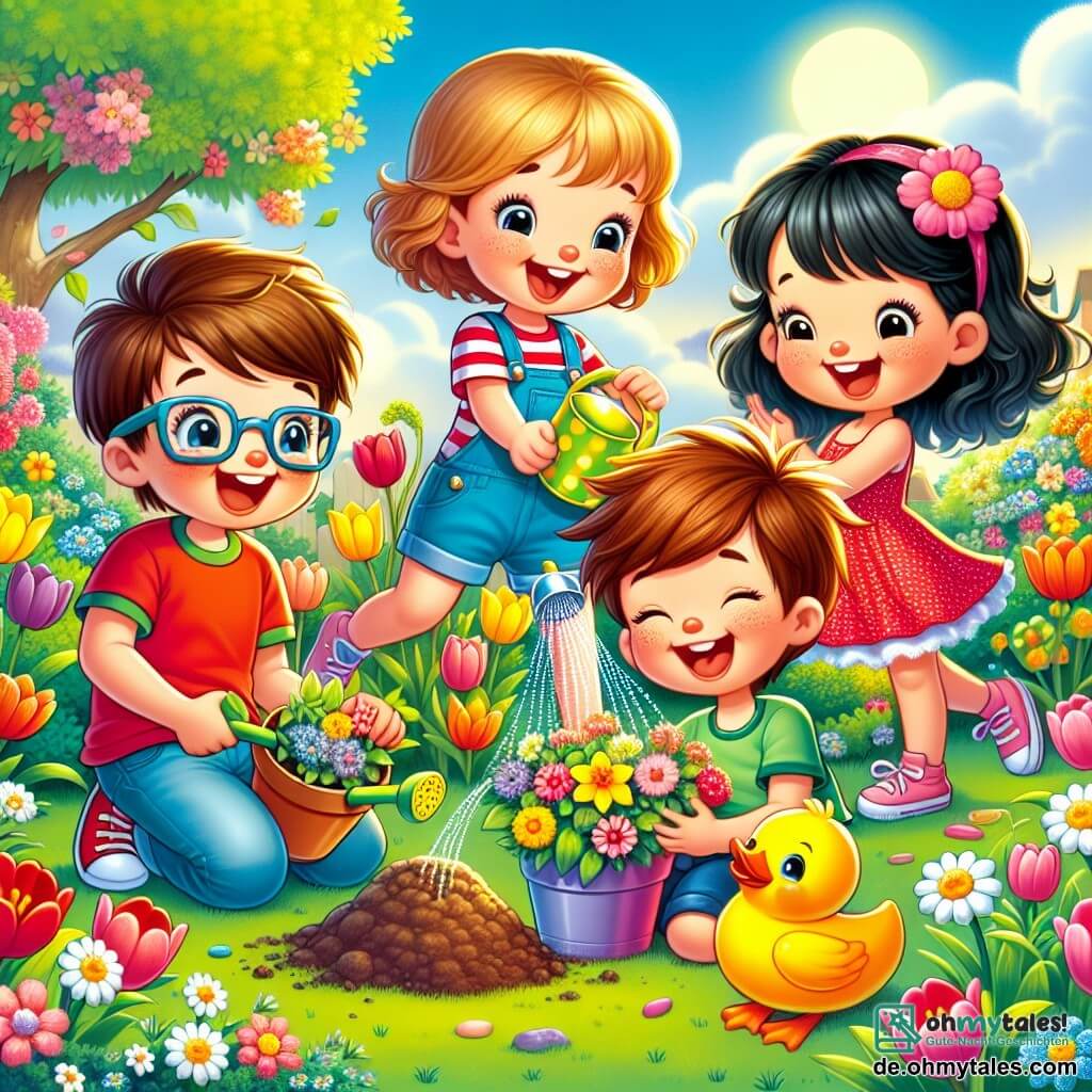 In einem blühenden Garten sind vier Freunde versammelt, um Blumen zu pflanzen. Max, ein 8-jähriger Junge mit braunen Haaren und Brille, hockt neben einem Blumentopf und hält eine kleine Schaufel. Neben ihm gießt Mia, ein 7-jähriges Mädchen mit lockigen blonden Haaren, Wasser aus einer hübschen Entenkanne. Tom, ein 8-jähriger Junge mit braunen Haaren und rotem T-Shirt, steht lächelnd mit einem gelben Blumentopf in der Hand. Schließlich tanzt Emma, ein 6-jähriges Mädchen mit schwarzen Haaren und einem rosa Kleid, fröhlich um sie herum und hält einen bunten Blumenstrauß. Der Garten ist voller leuchtender Blumen: rote Tulpen, gelbe Narzissen und weiße Margeriten, unter einem hellblauen Himmel mit fluffigen Wolken. Ein großer Baum mit üppigem grünem Laub steht im Hintergrund, während ein bunter Schmetterling um die Blumen fliegt. Die Freunde lachen und haben Spaß beim Pflanzen und Gießen der Blumen und schaffen so einen magischen Ort für den Frühling.