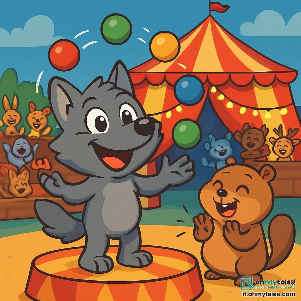 Un piccolo lupo dagli occhi scintillanti e dal pelo grigio rotondo, chiamato Lupoletto, si trova al centro della scena, con un grande sorriso meravigliato sul volto. Gioca felicemente con palline colorate che fluttuano intorno a lui, creando un'atmosfera di magia e divertimento. Alla sua destra, Gillo il Ghiro, un piccolo animale rotondo con pelo marrone e occhi maliziosi, applaude con entusiasmo, il suo volto radioso di orgoglio ed eccitazione. Il luogo è un circo vibrante, con un grande tendone a strisce rosse e bianche, illuminato da ghirlande di luci scintillanti. Gli spettatori, animali della foresta, sono seduti su panche di legno, i loro volti illuminati dalla gioia e dallo stupore. La scena principale mostra Lupoletto che gioca con palline magiche che fluttuano nell'aria, mentre Gillo lo incoraggia, creando un'atmosfera di festa e amicizia all'interno del circo.